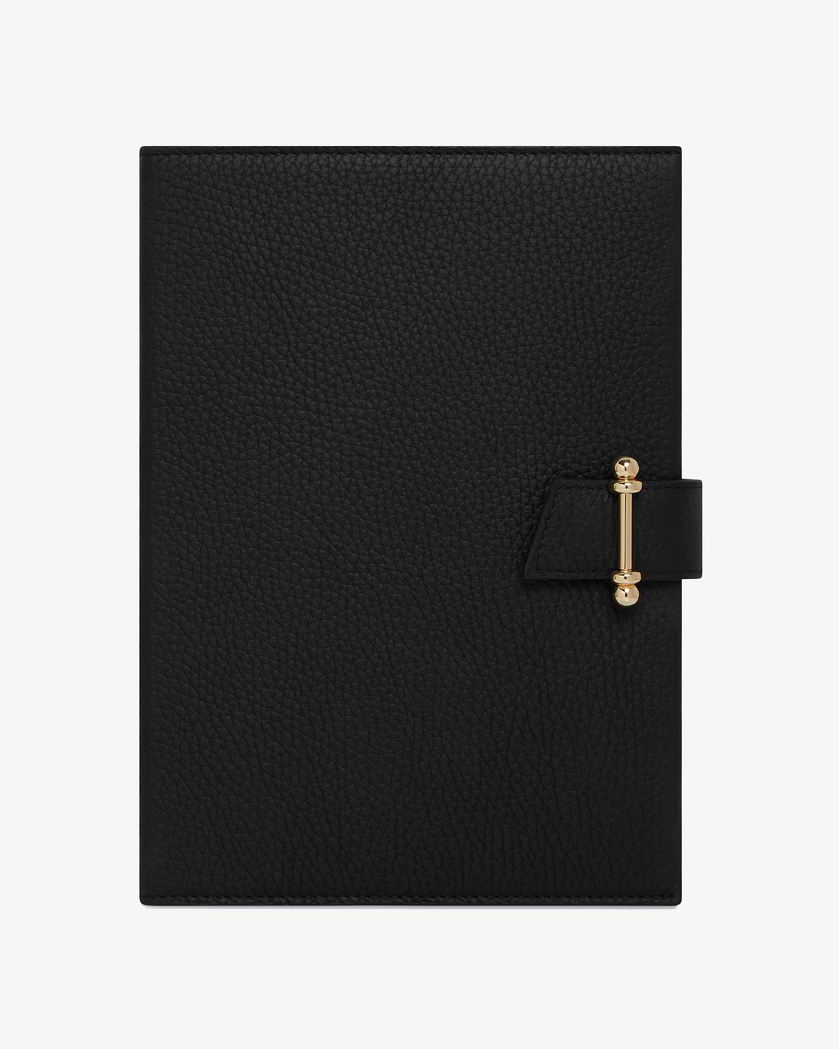 Black leather notebook with gold bar clasp on white background.