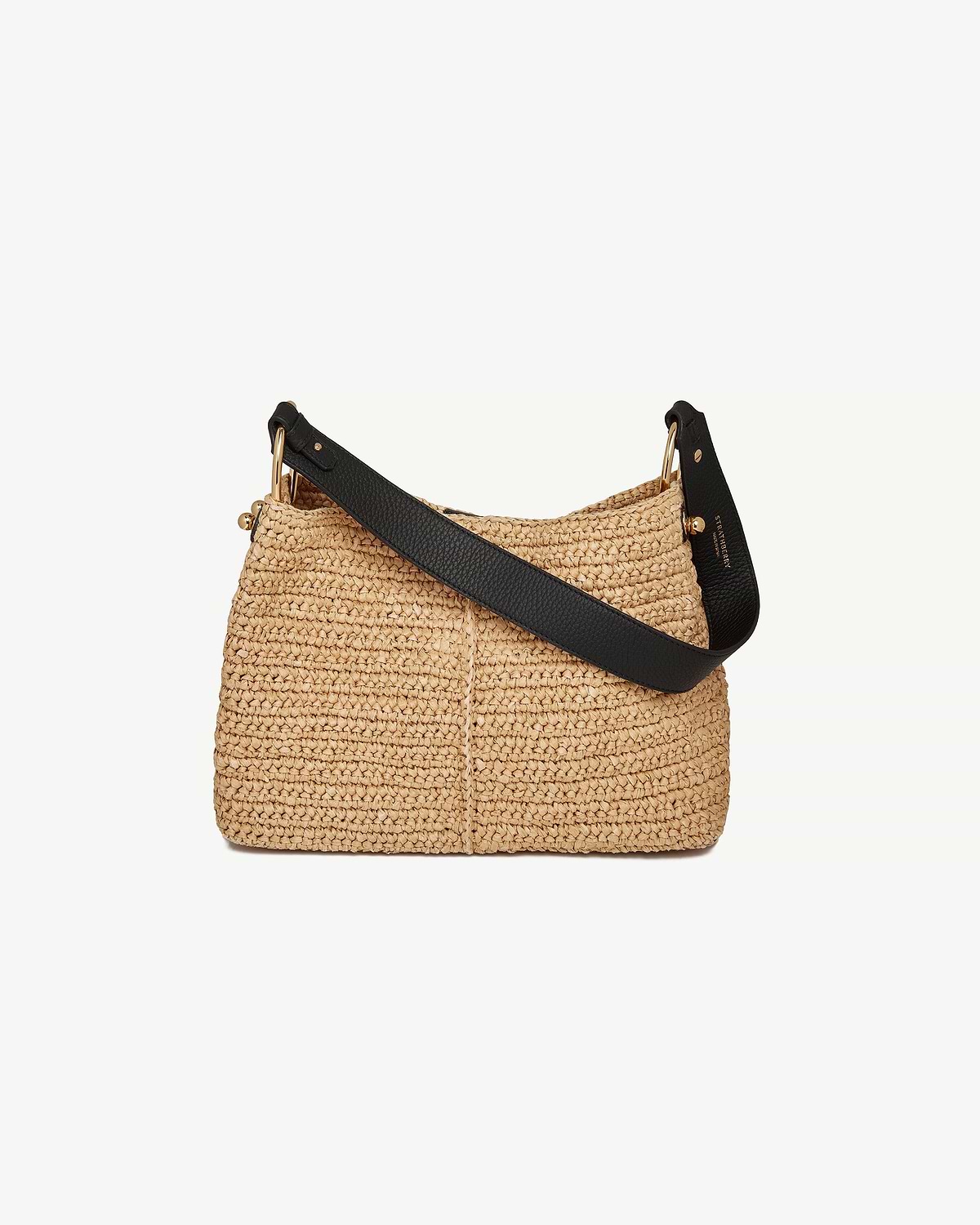 Strathberry Lana hobo bag in raffia with black leather strap and gold hardware.