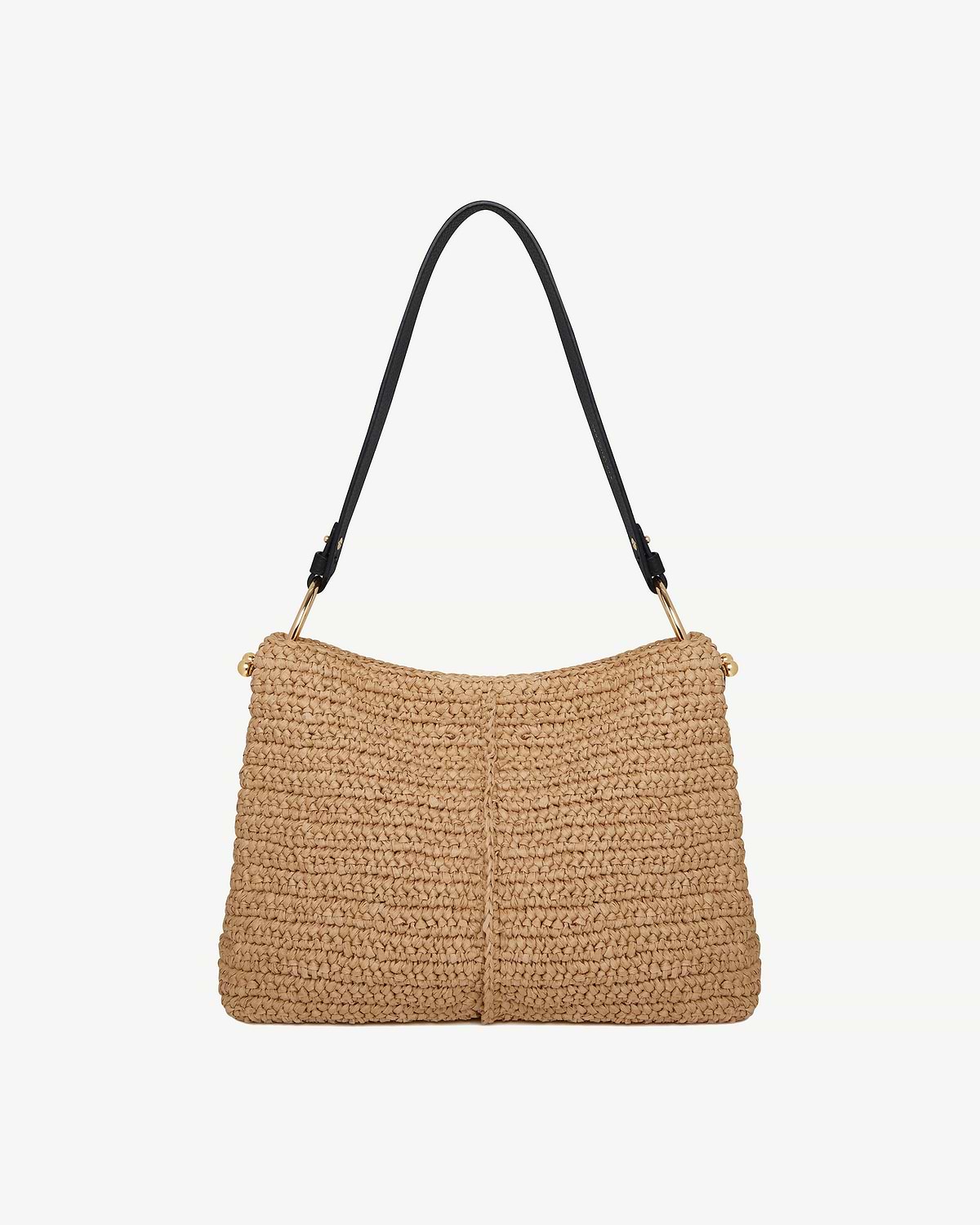 Raffia hobo bag with black shoulder strap and gold ring hardware.