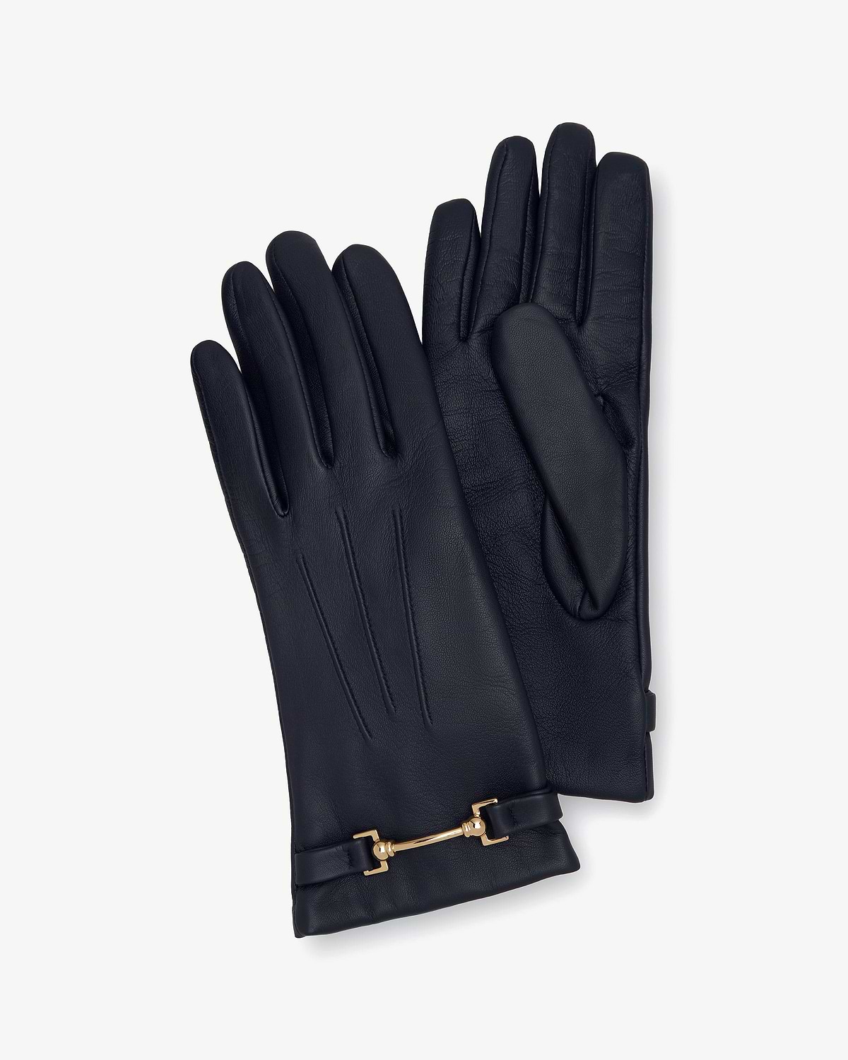 Navy leather gloves with stitched detailing and small gold bit hardware trim.