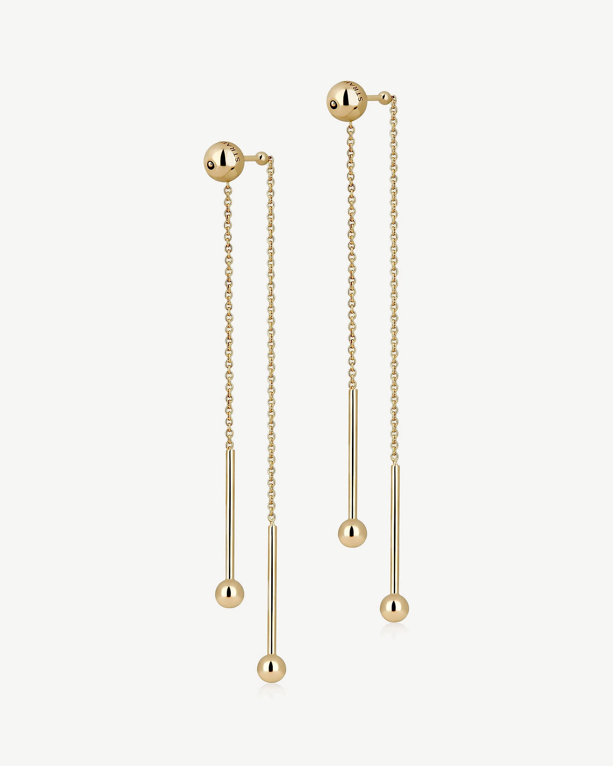 Pair of 22-carat gold gilded double-chain long drop earrings with ball ends