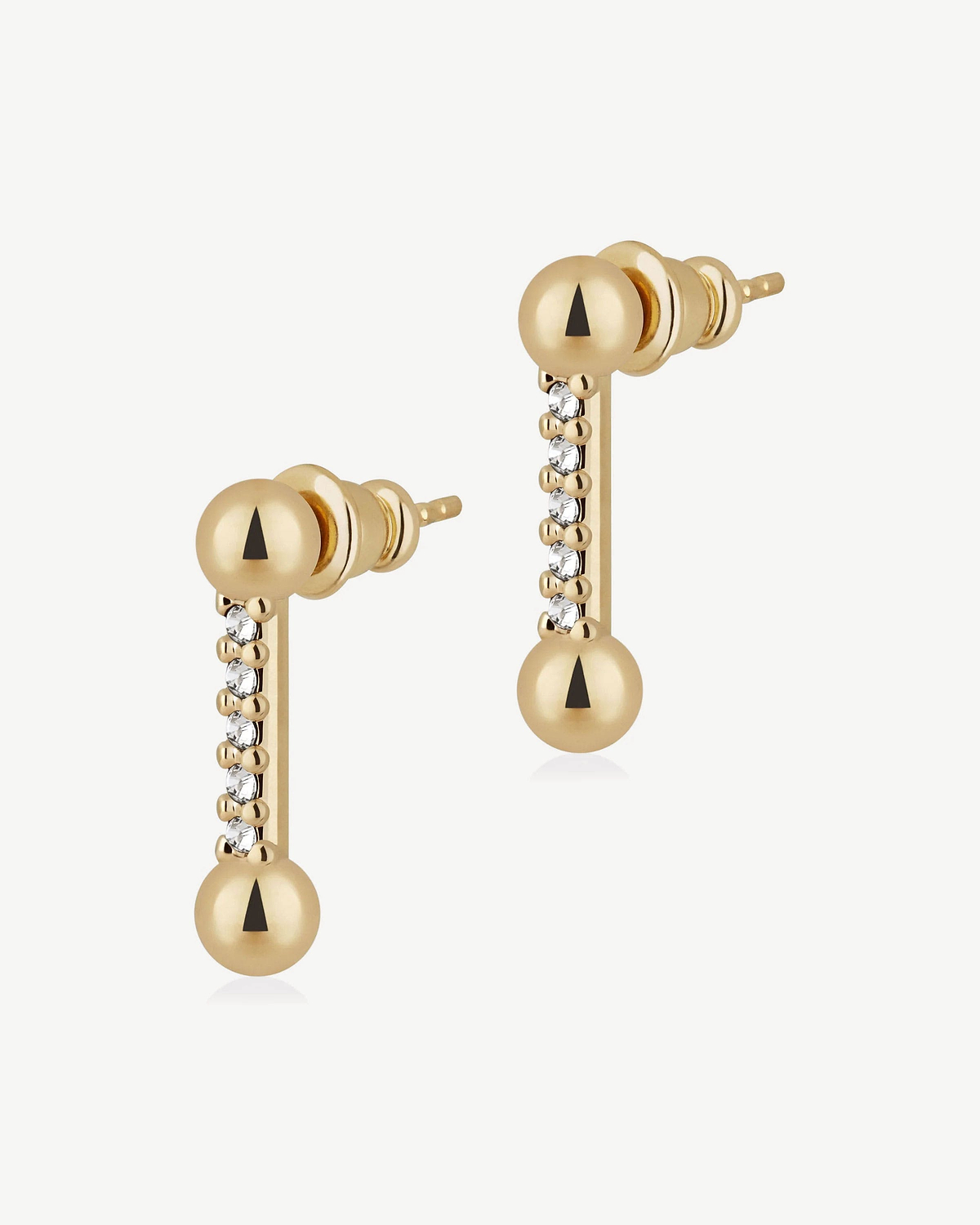 Pair of 22 carat gold gilded crystal mosaic drop stud earrings on white background.