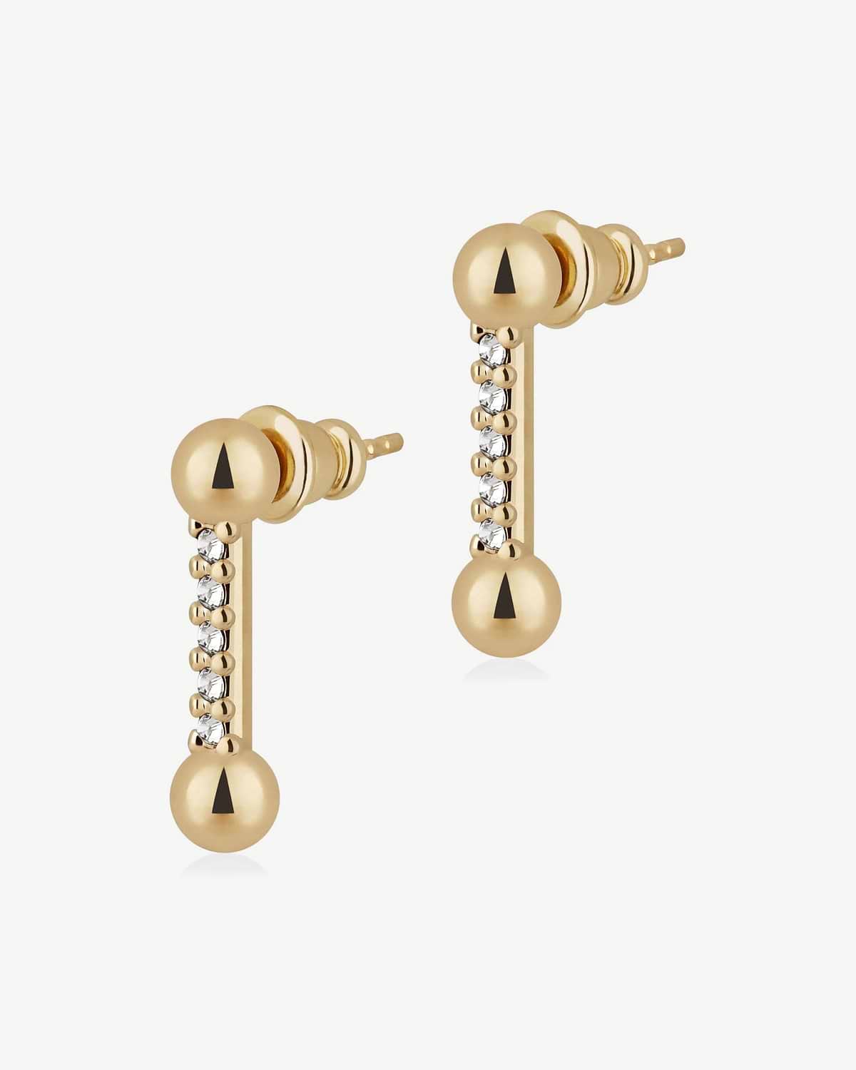 Pair of 22 carat gold gilded crystal mosaic drop stud earrings on white background.