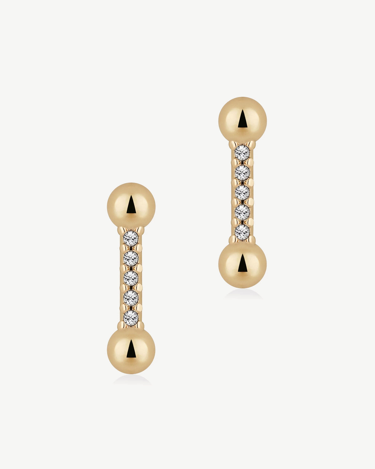 Pair of gold-gilded bar earrings with ball ends and row of clear crystals.