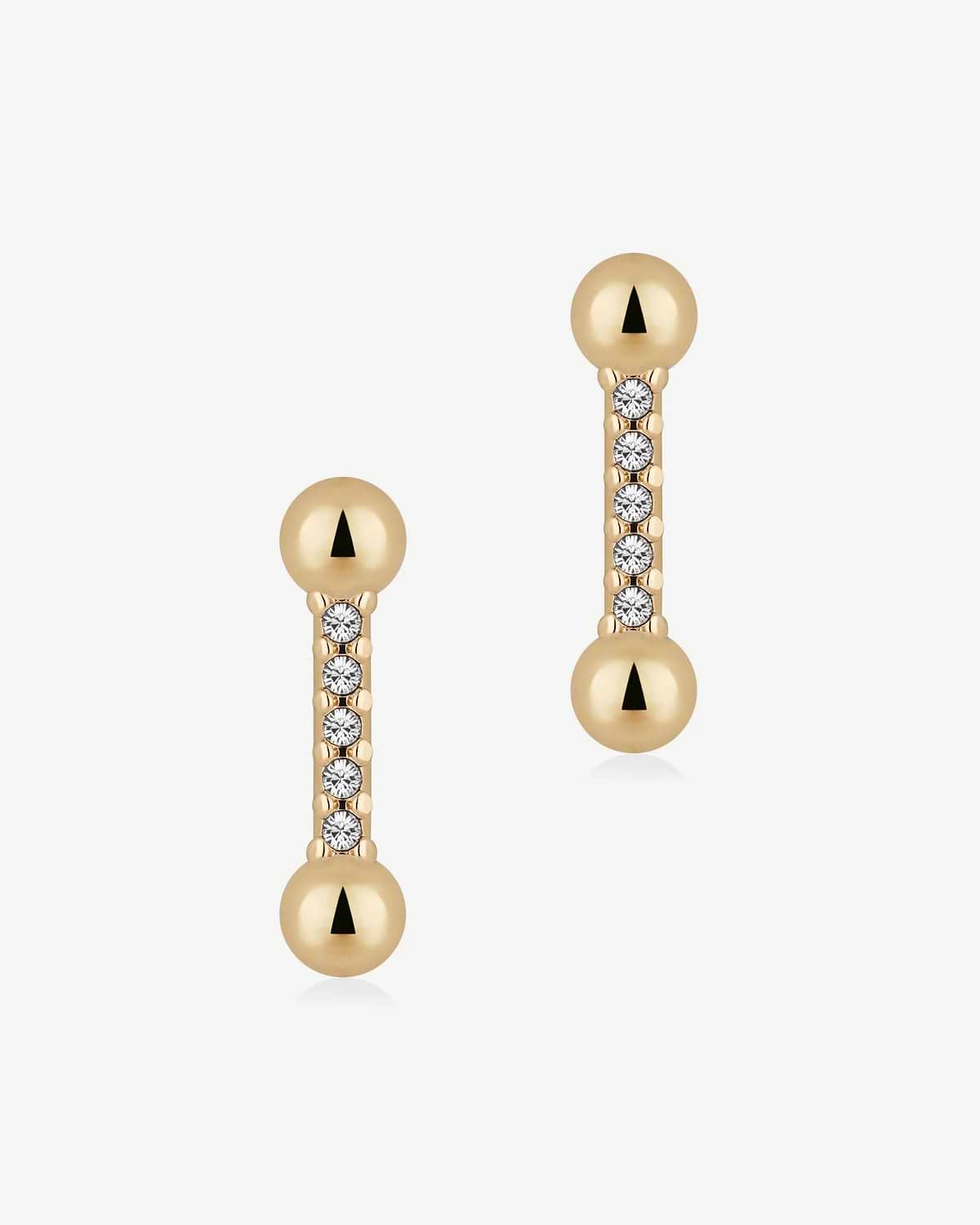 Pair of gold-gilded bar earrings with ball ends and row of clear crystals.