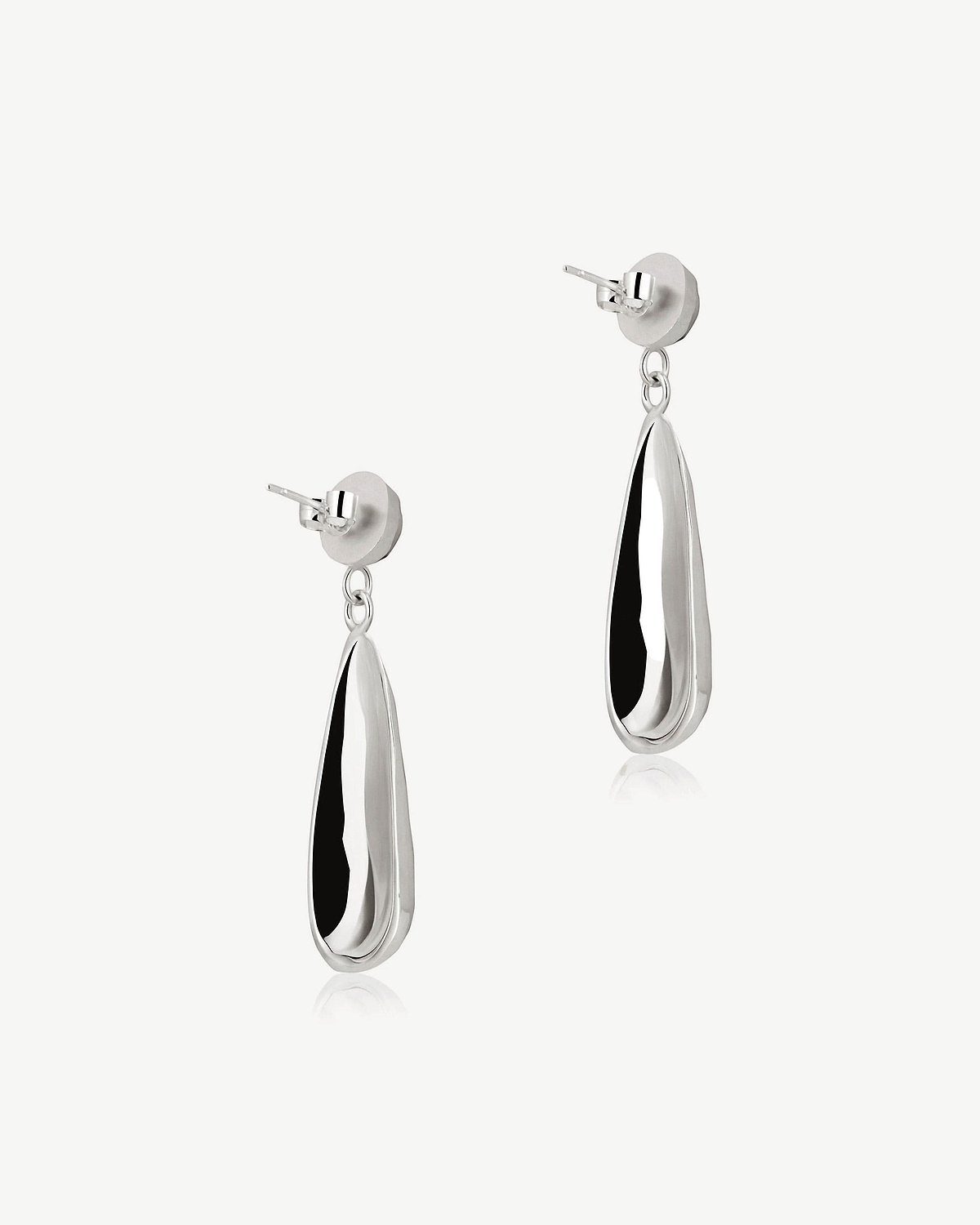 Pair of sterling silver teardrop earrings with polished mirrored surface.