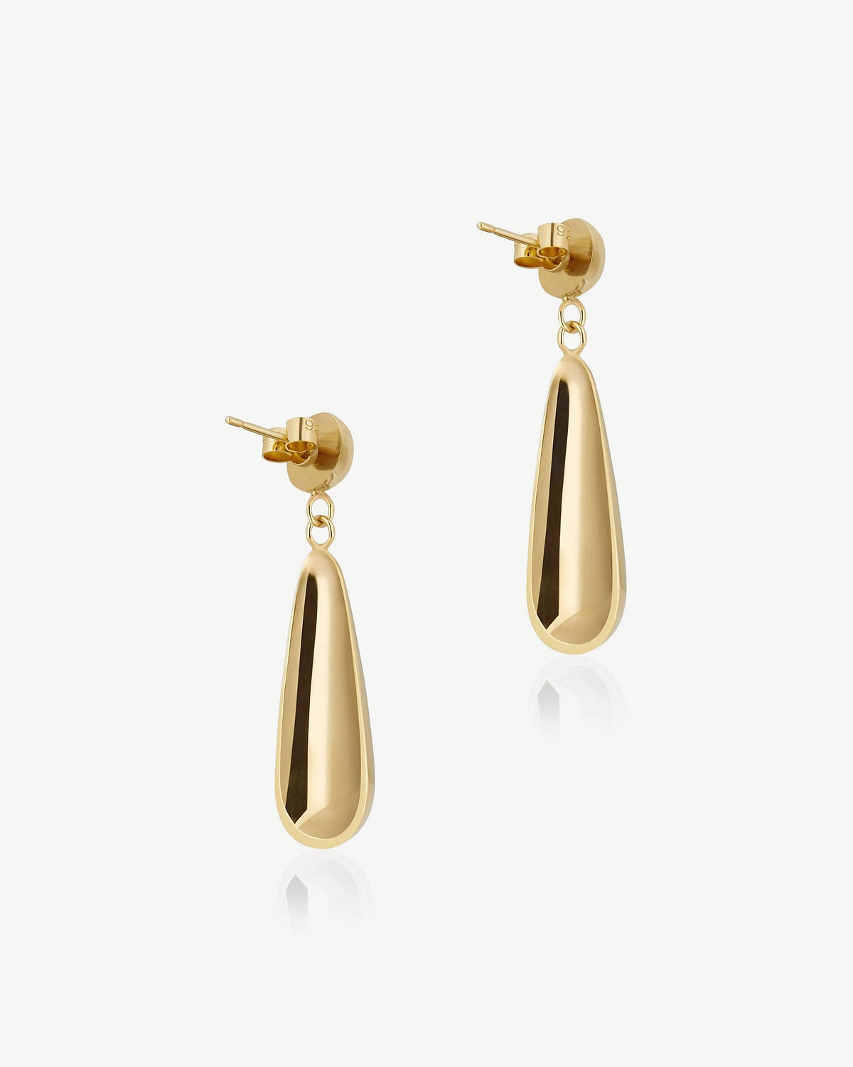 Pair of Jasmine drop earrings, 24 carat gold-gilded, on white background.