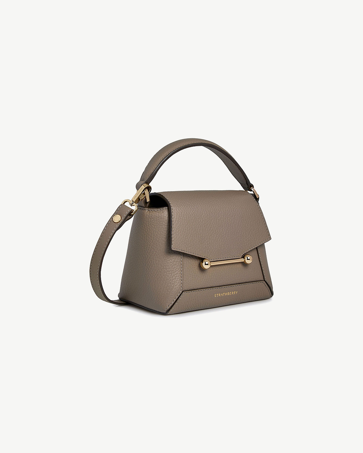 Taupe Mosaic Nano top-handle bag with gold bar hardware and Strathberry logo.