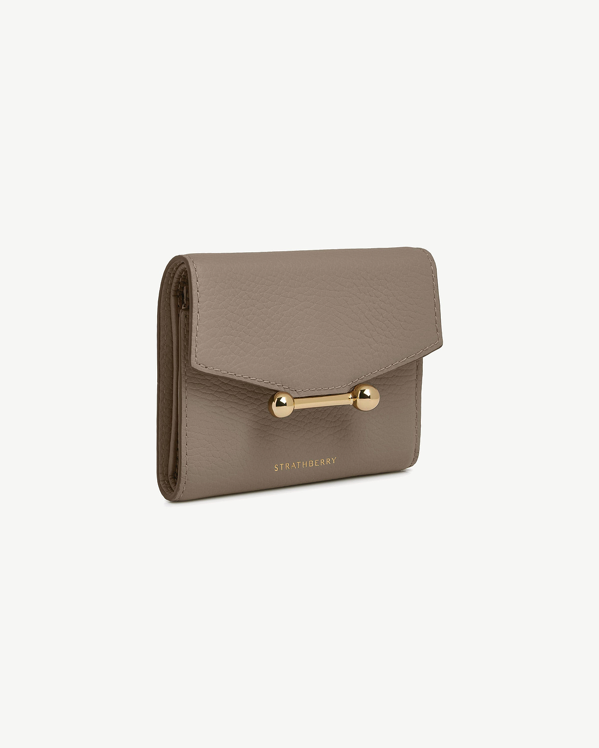 Strathberry mosaic trifold wallet in taupe pebble leather with gold bar closure.