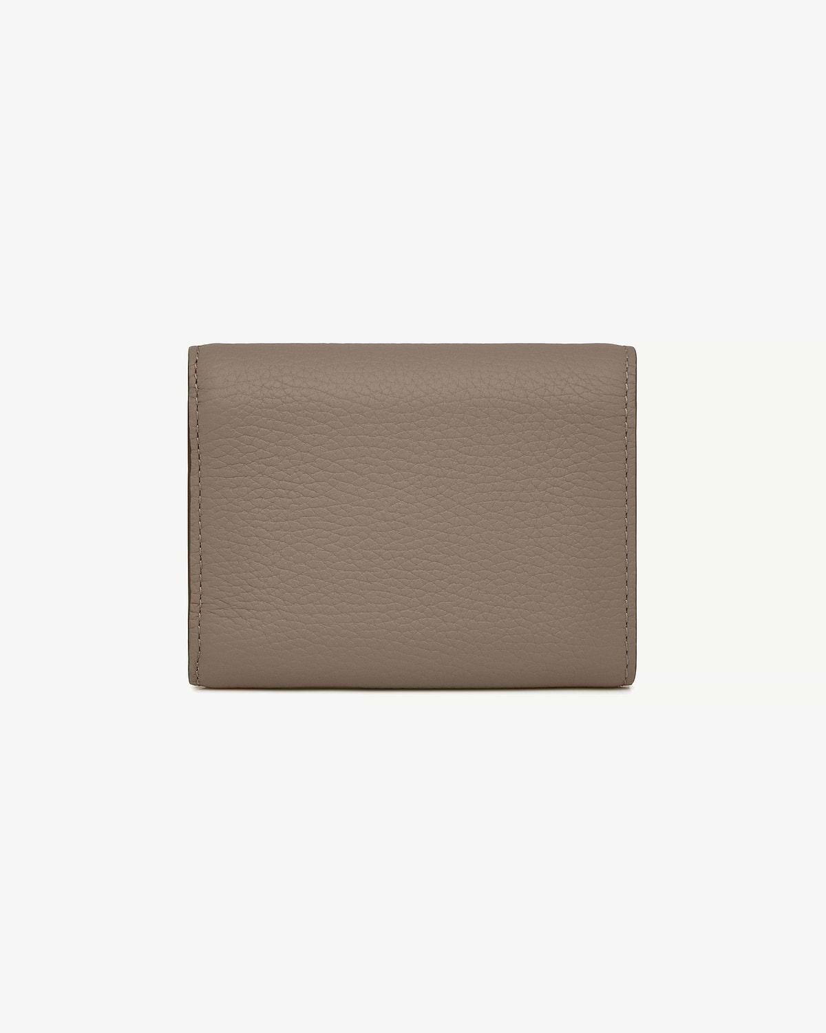 Closed taupe mosaic trifold wallet in pebbled leather with edge stitching.