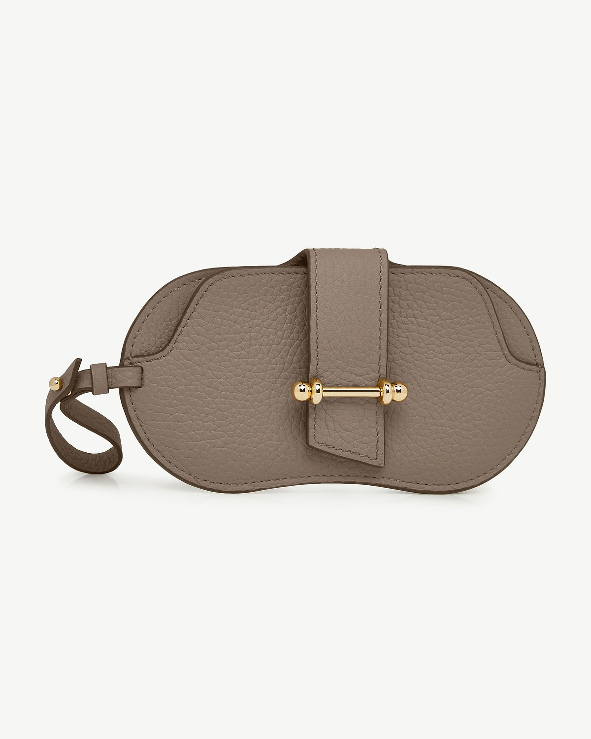 Taupe leather sunglasses case with gold bar fastening and wrist strap