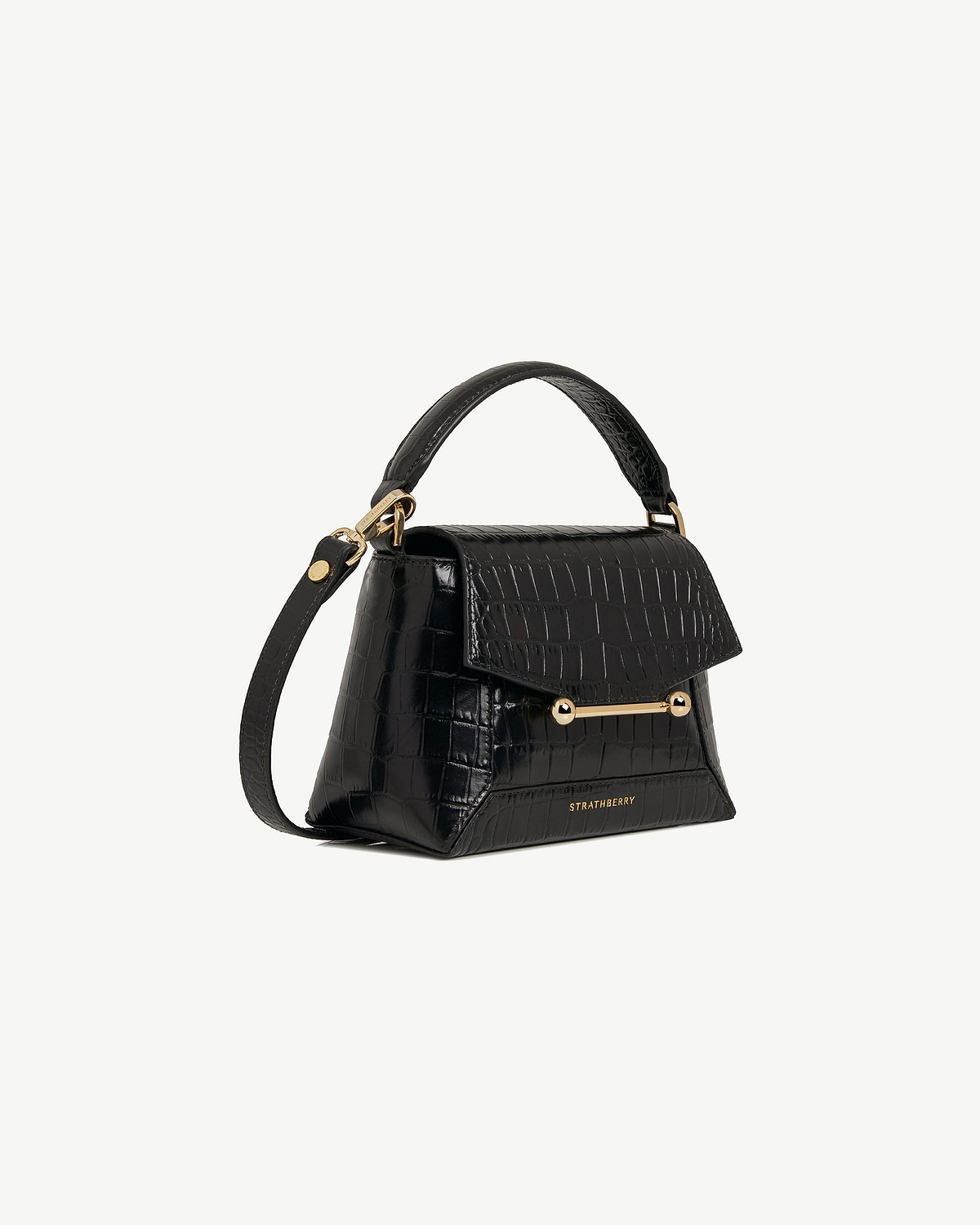 Strathberry Mosaic Nano soft croc black leather top handle bag with gold bar