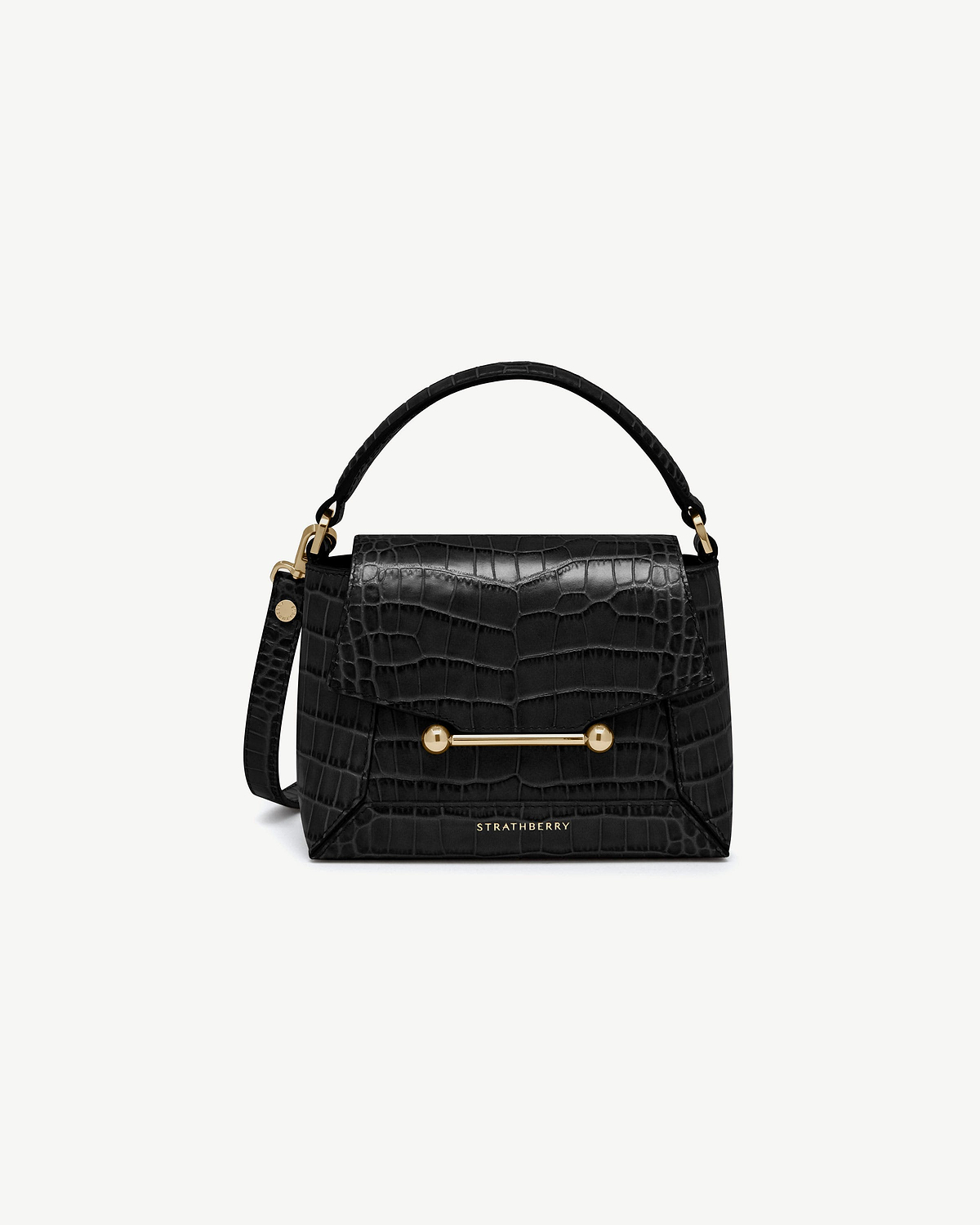 Black croc-effect Mosaic Nano bag with top handle, gold bar detail, Strathberry