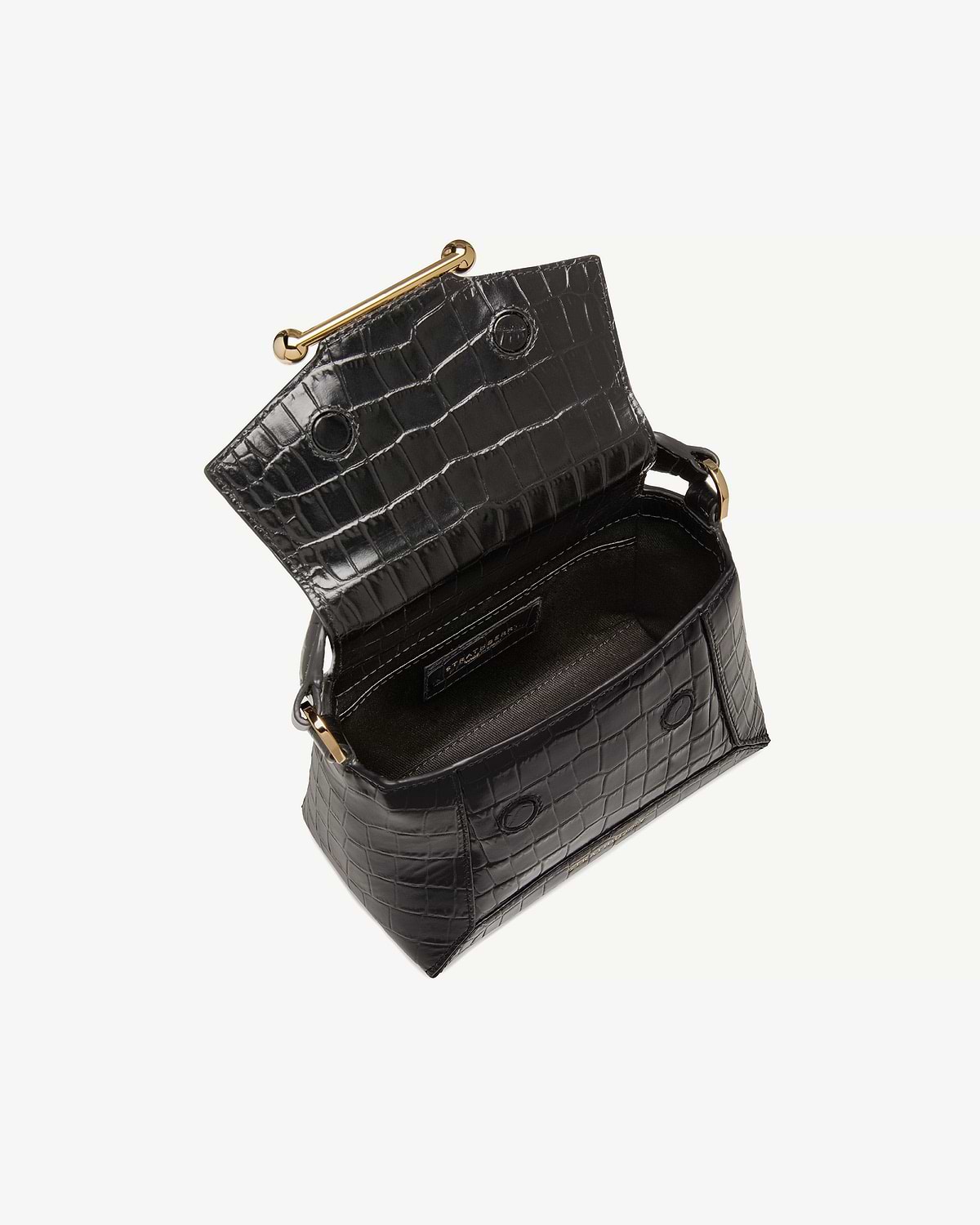 Black soft croc Mosaic Nano bag open showing interior and gold bar clasp.