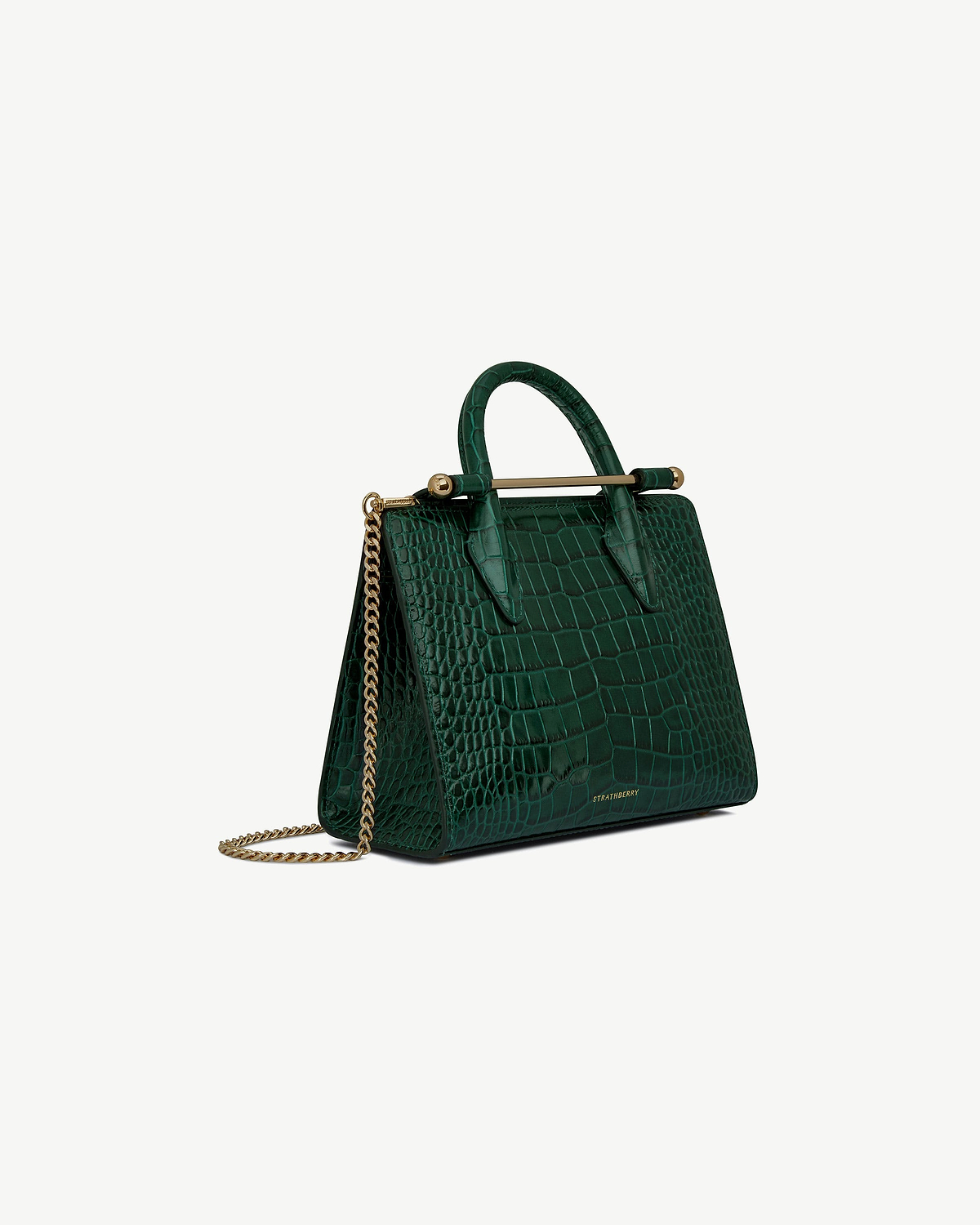 Strathberry mini tote in green croc leather with gold chain strap.