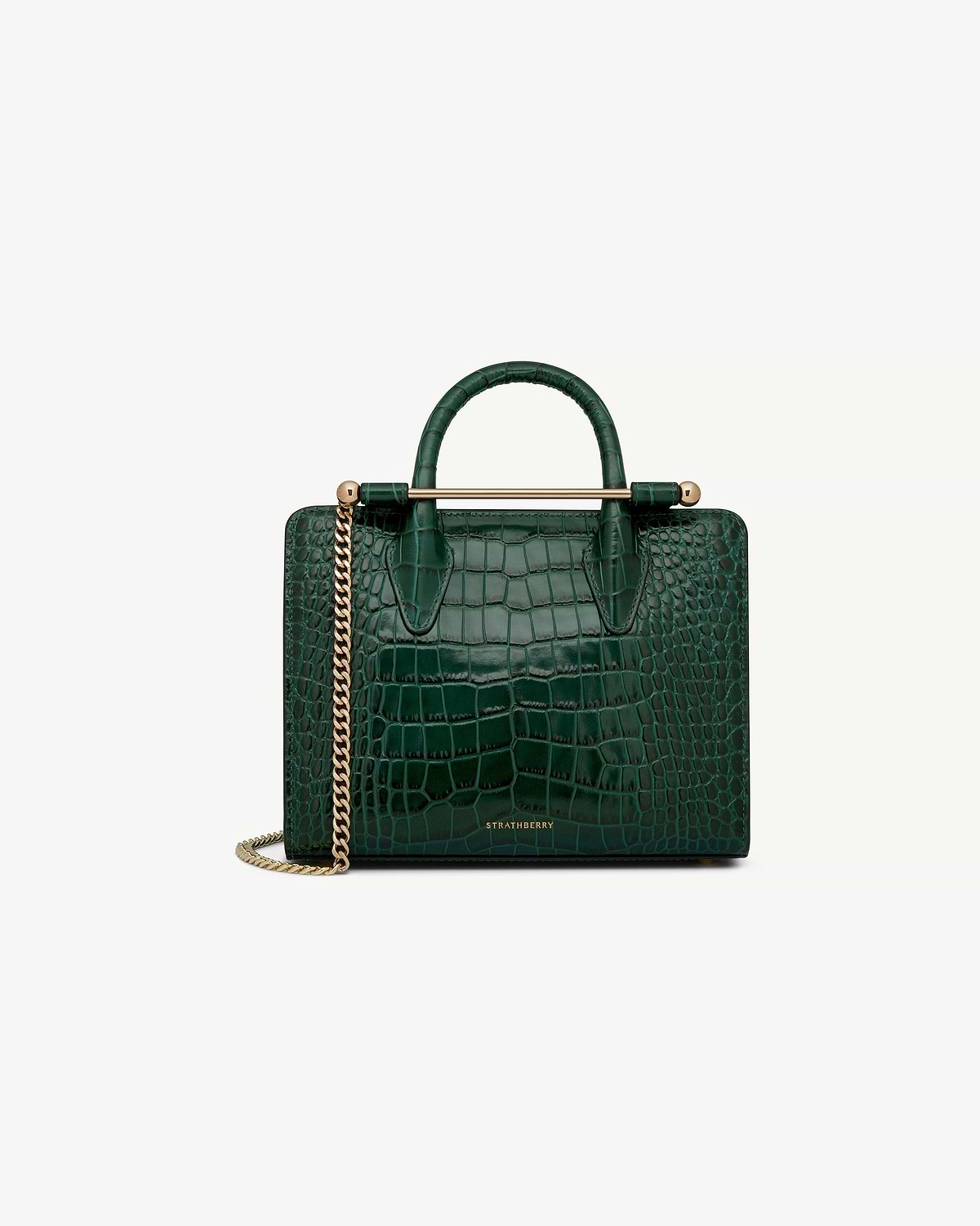 Strathberry green croc mini tote with top handle, gold chain strap and bar detail
