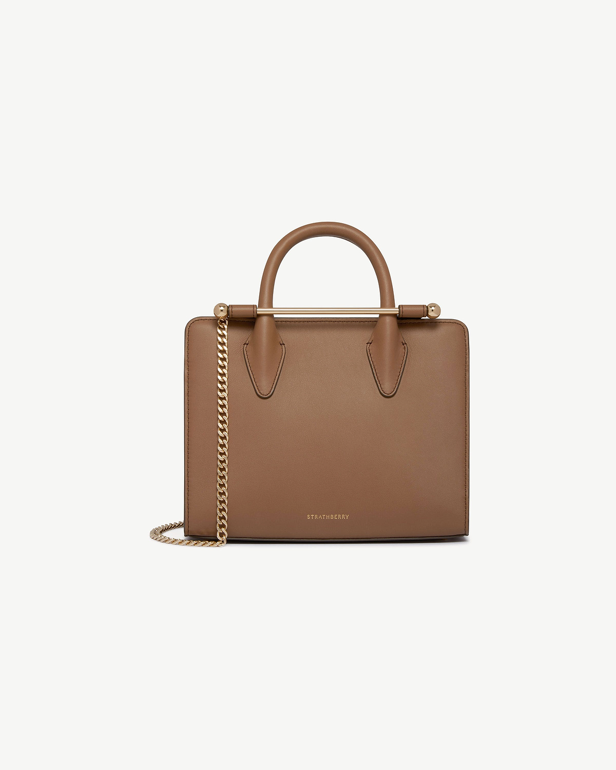 Clay mini tote with rounded top handles, gold chain strap and Strathberry logo.