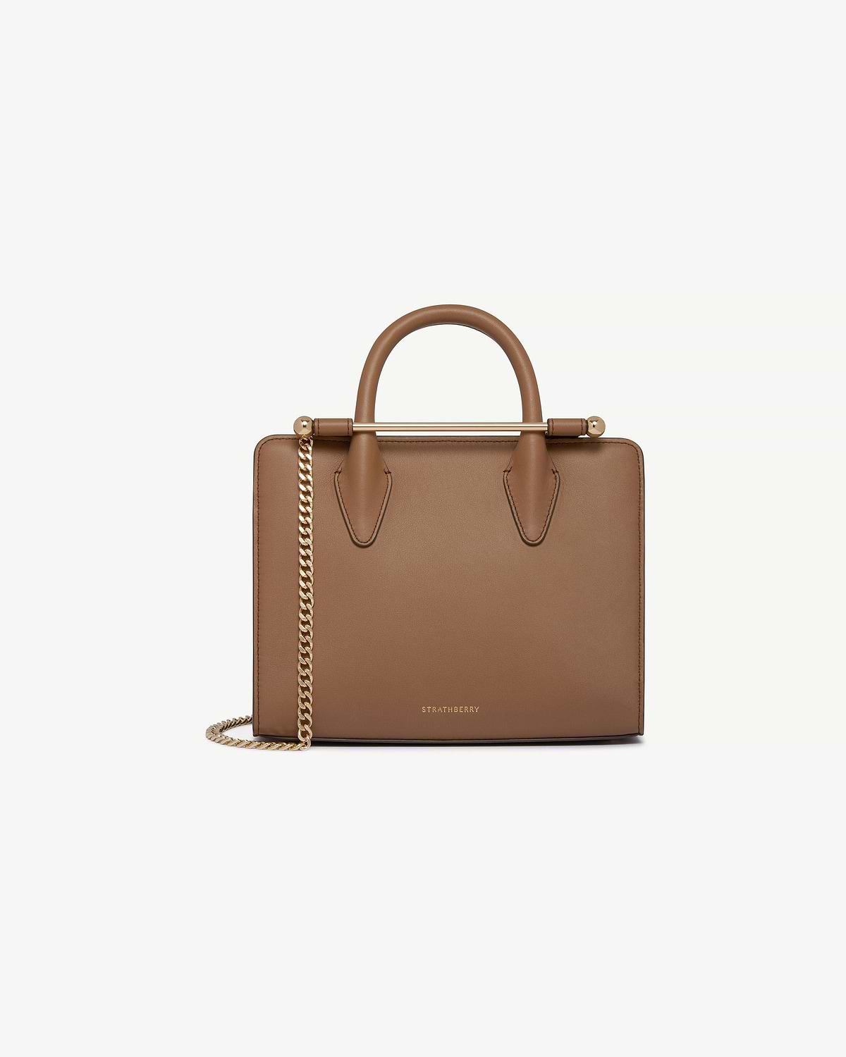 Clay mini tote with rounded top handles, gold chain strap and Strathberry logo.