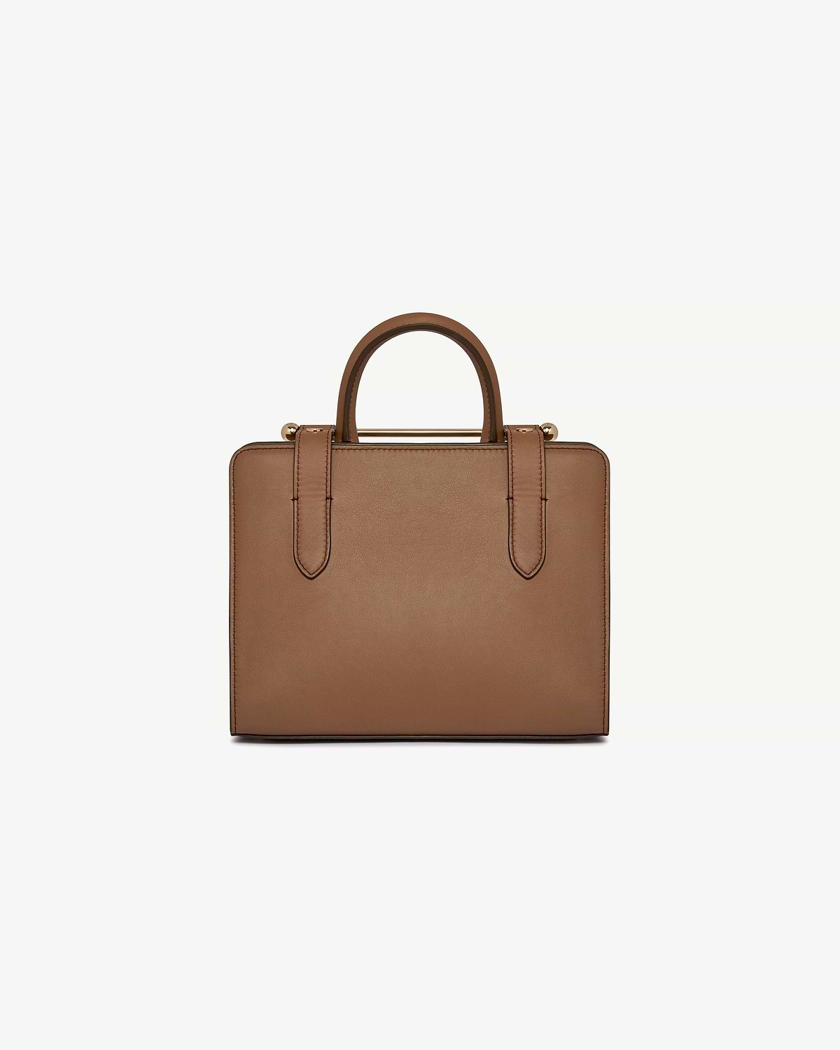 Mini tote in clay leather, front view showing top handles, straps and gold hardware.