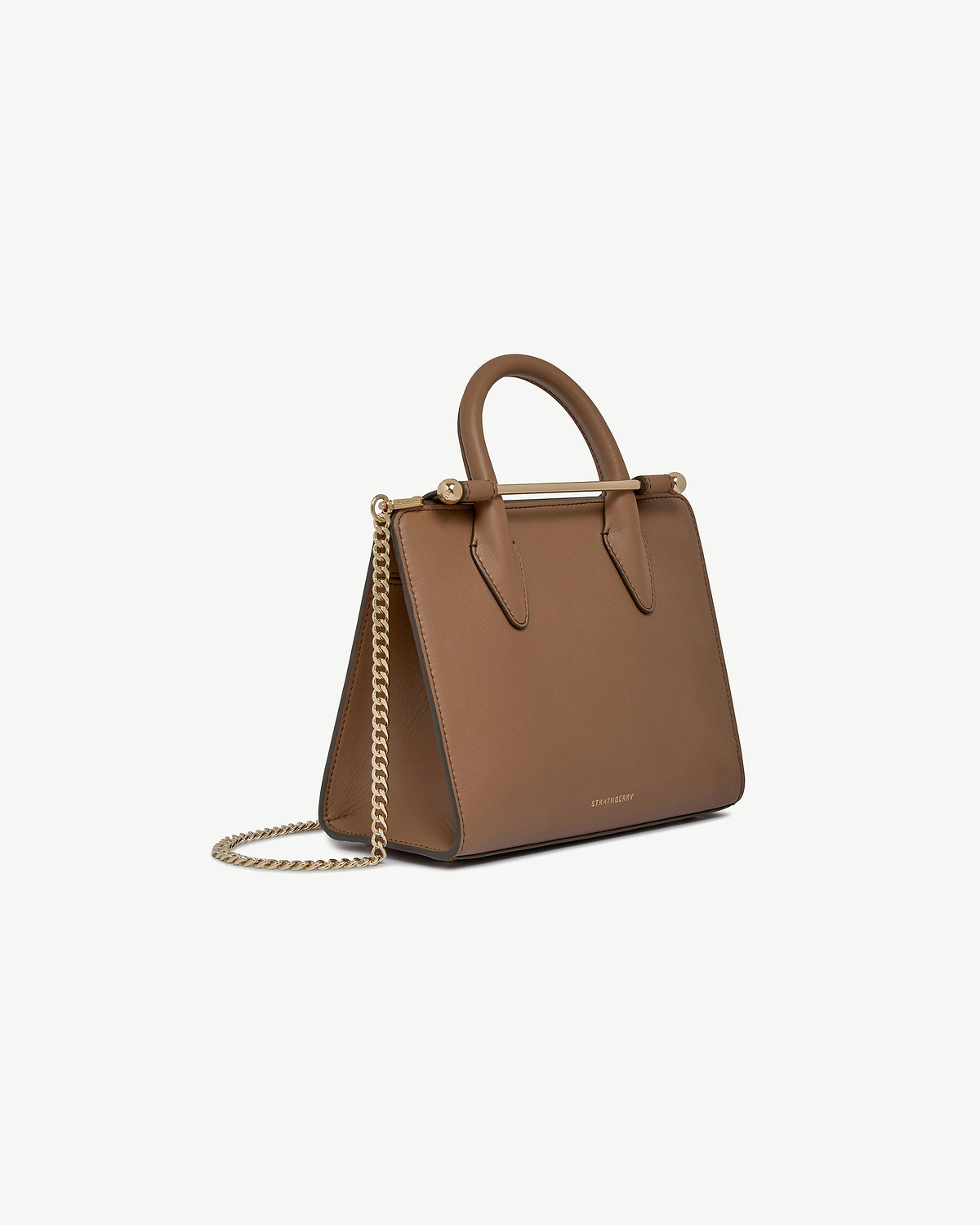 Strathberry mini tote in clay leather with gold chain strap and top handle