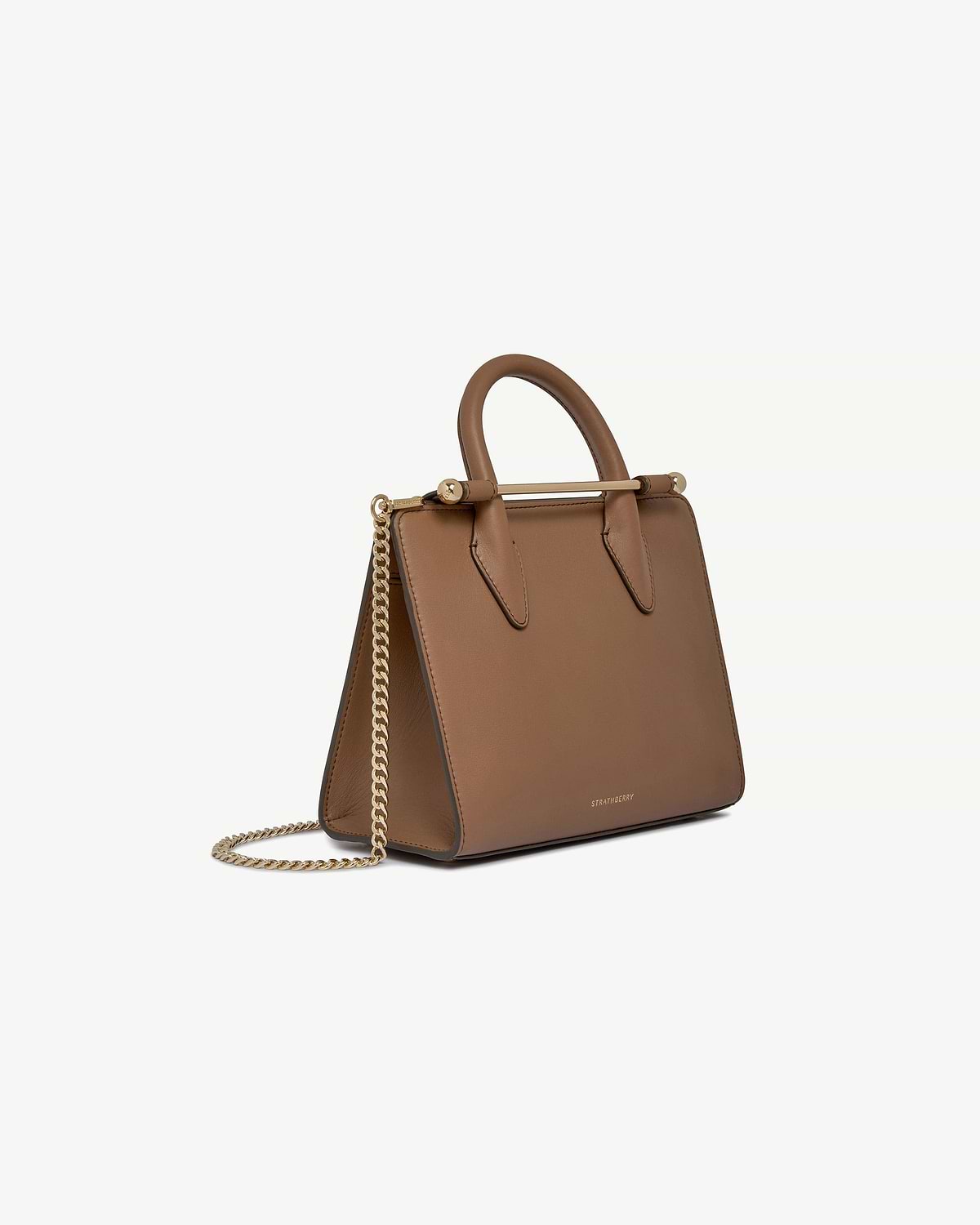 Strathberry mini tote in clay leather with gold chain strap and top handle