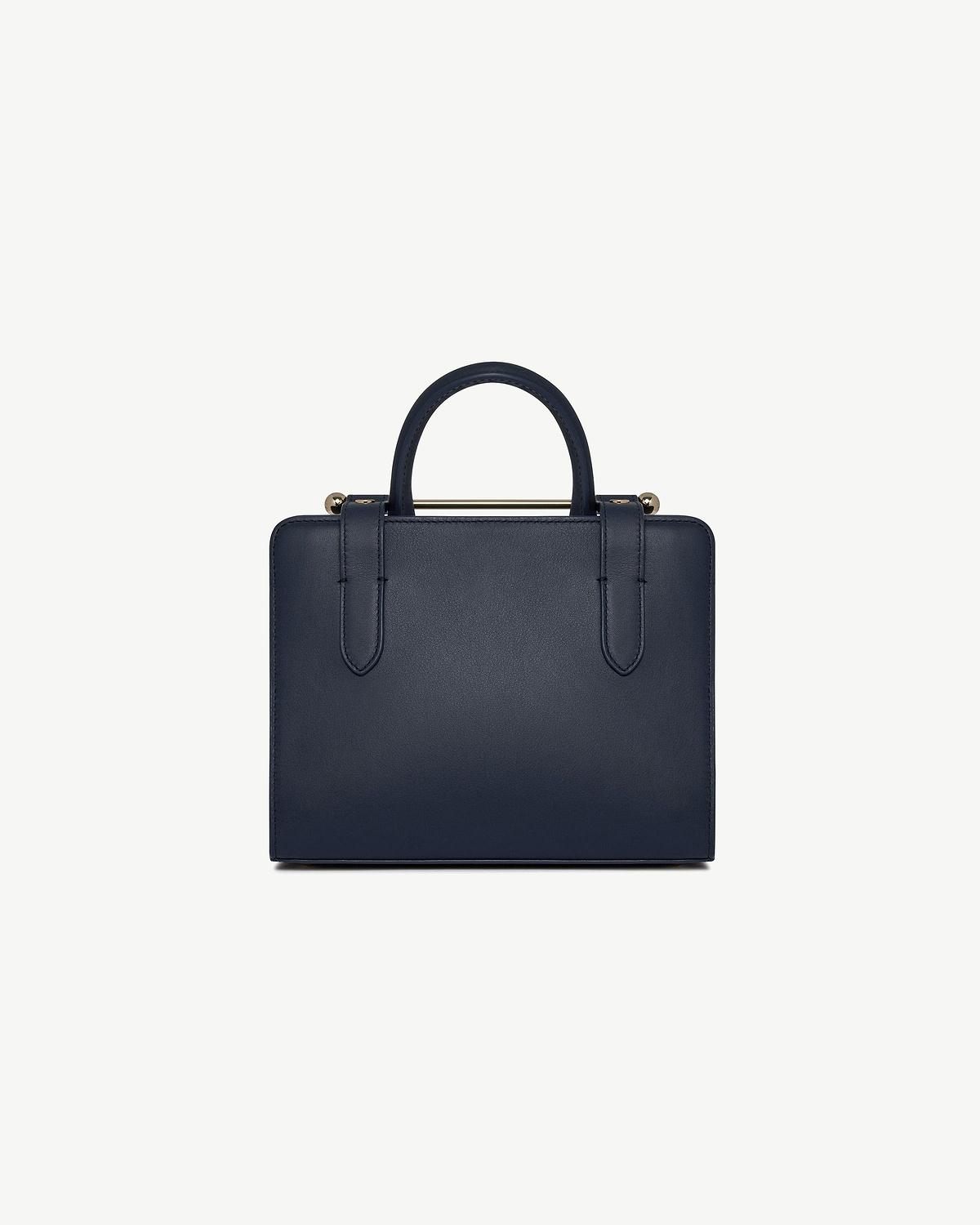 Marine blue mini tote bag with top handles and metal bar detail.