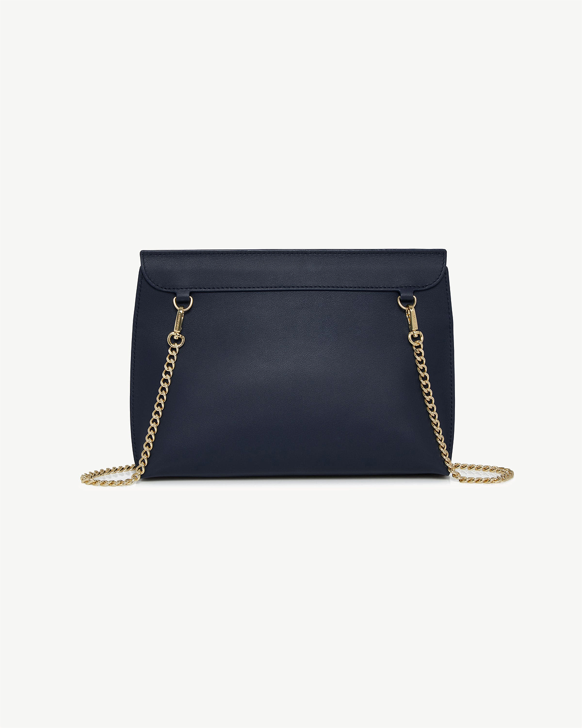 Marine blue leather bag with gold chain strap, front and top visible.