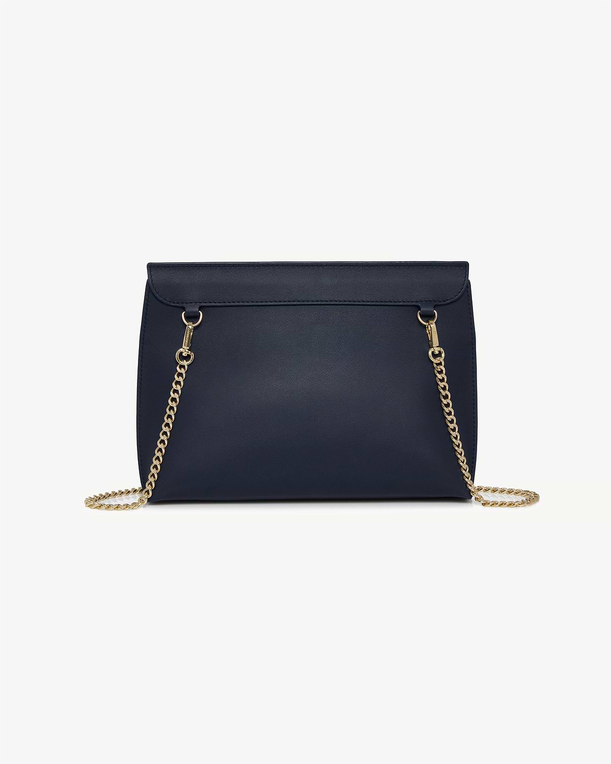 Marine blue leather bag with gold chain strap, front and top visible.
