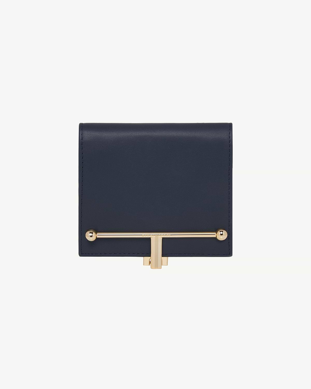 Melville Street wallet in marine blue leather with gold horizontal bar clasp.