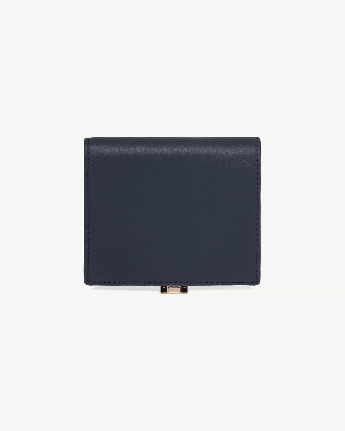 Marine blue leather wallet, front view, closed with a small gold clasp at base.