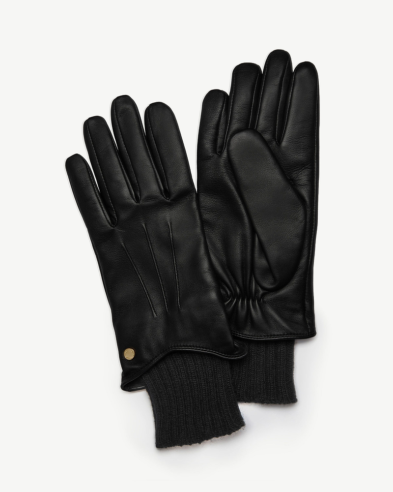 Pair of black leather gloves with ribbed knit cuffs and gold stud detail