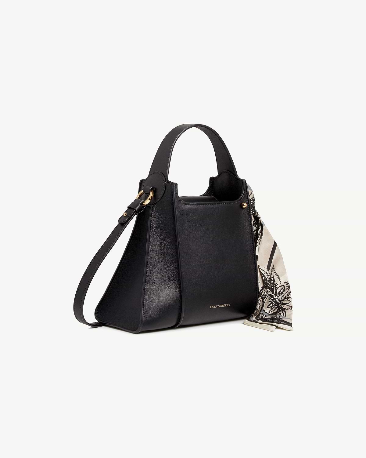 Black Arkshell leather bag with top handle, shoulder strap, gold hardware, Strathberry logo, printed scarf.