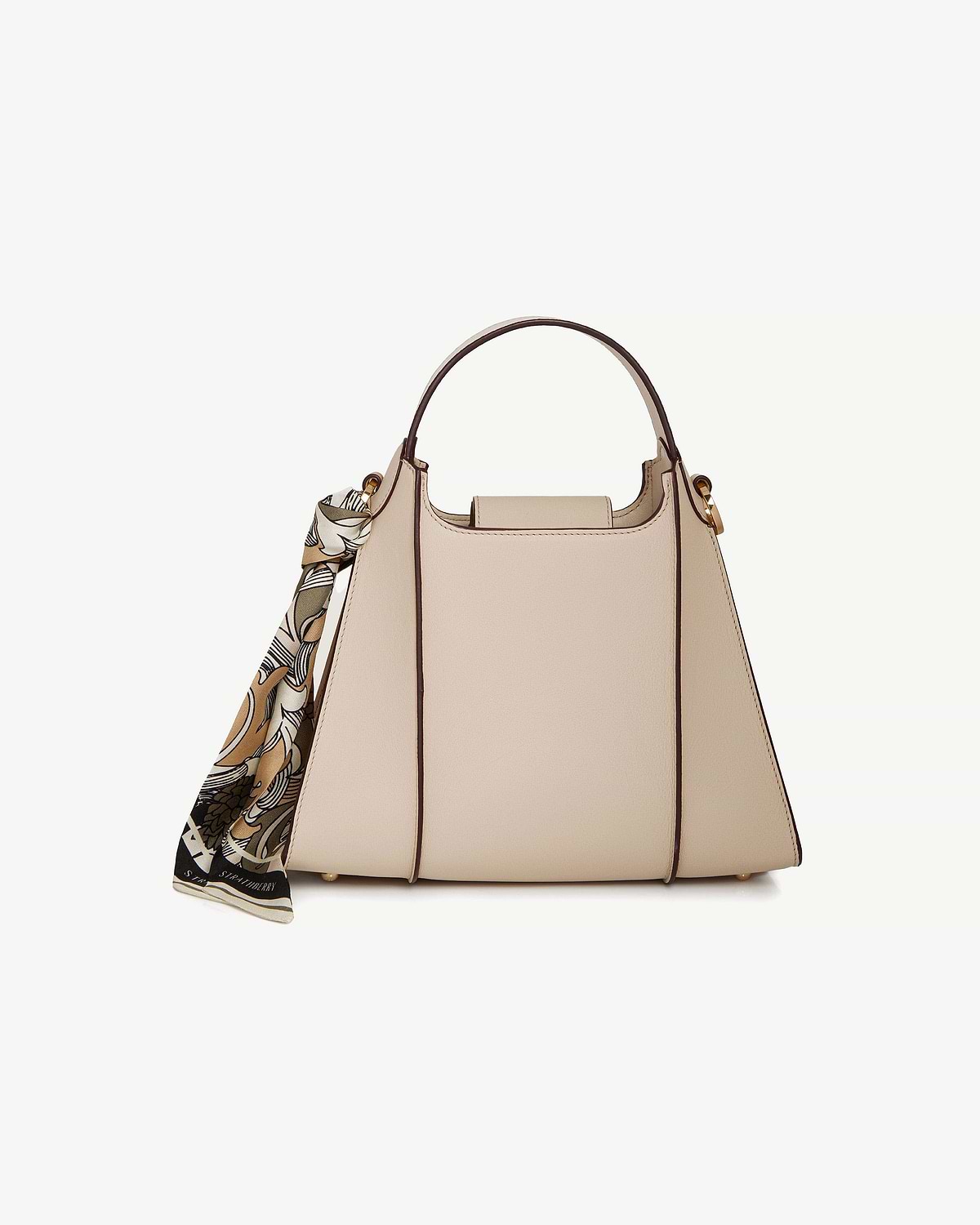 Oat Arkshell handbag with top handle and patterned scarf tied to left handle.