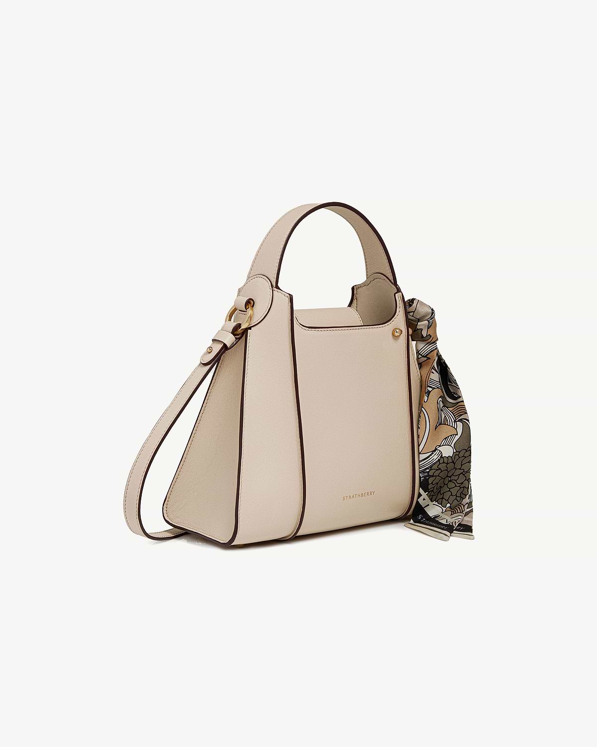 Strathberry Arkshell tote bag in oat leather with printed silk scarf.