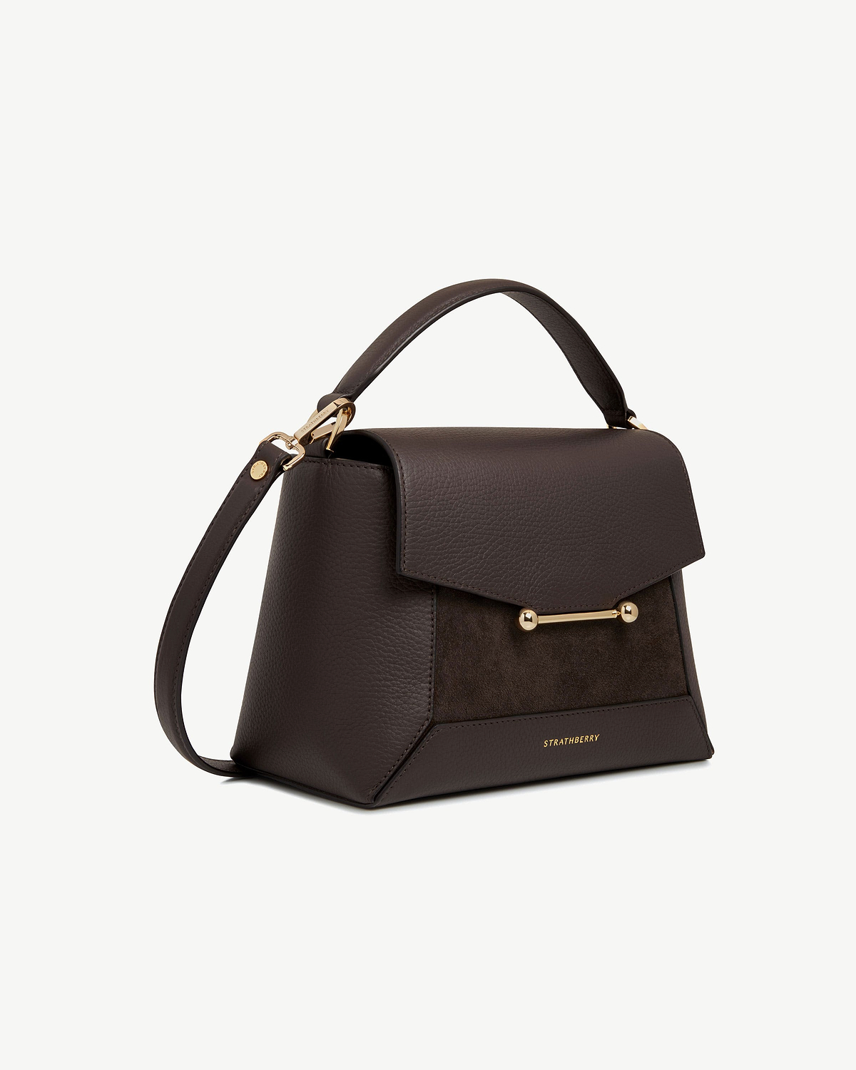 Dark chocolate suede and leather mosaic bag by Strathberry with gold bar fastening.