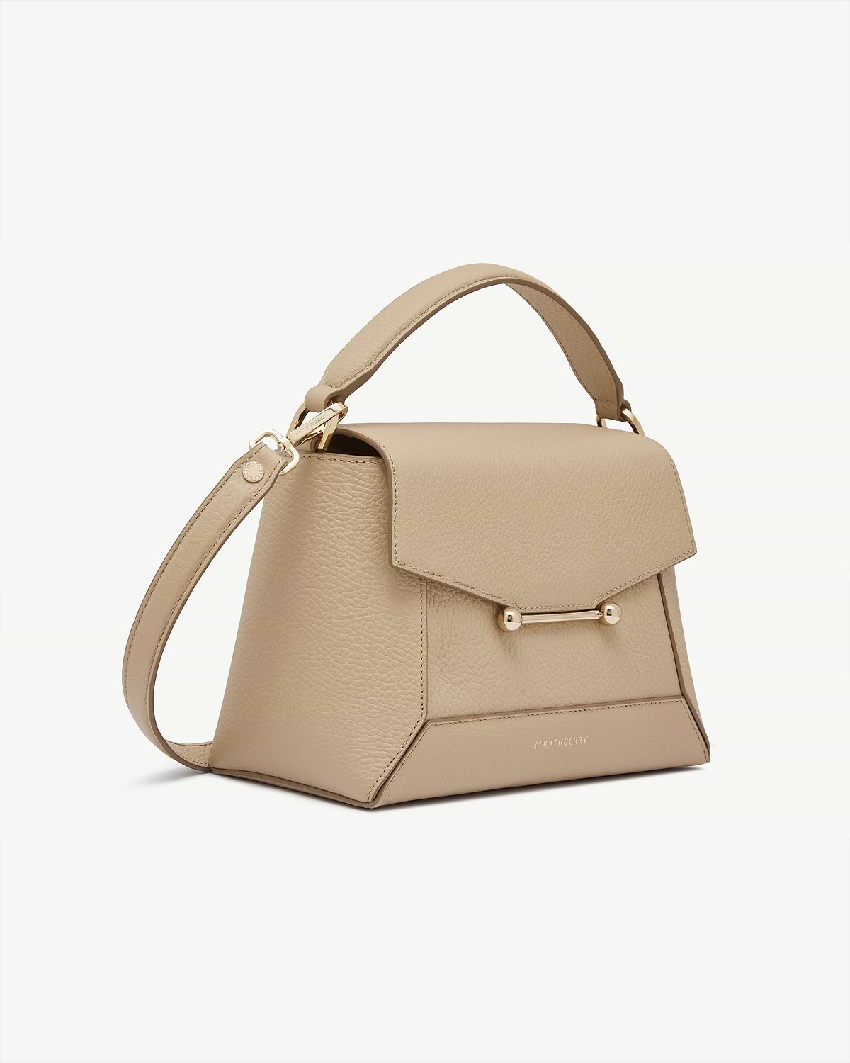 Strathberry sand leather mosaic bag with top handle, shoulder strap and gold bar clasp.