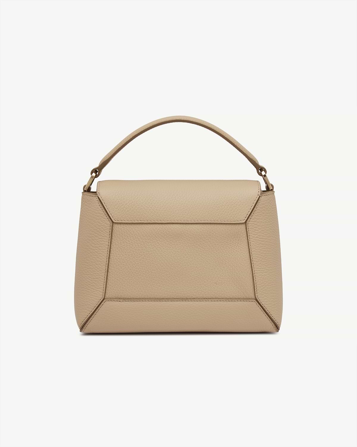 Sand mosaic bag with top handle, stitched panel detailing and pebbled leather texture.