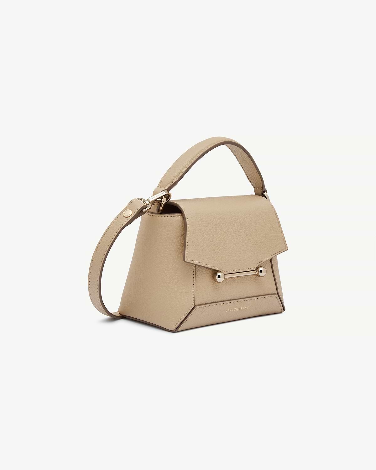 Sand Strathberry Mosaic Nano bag with top handle and gold bar detail.