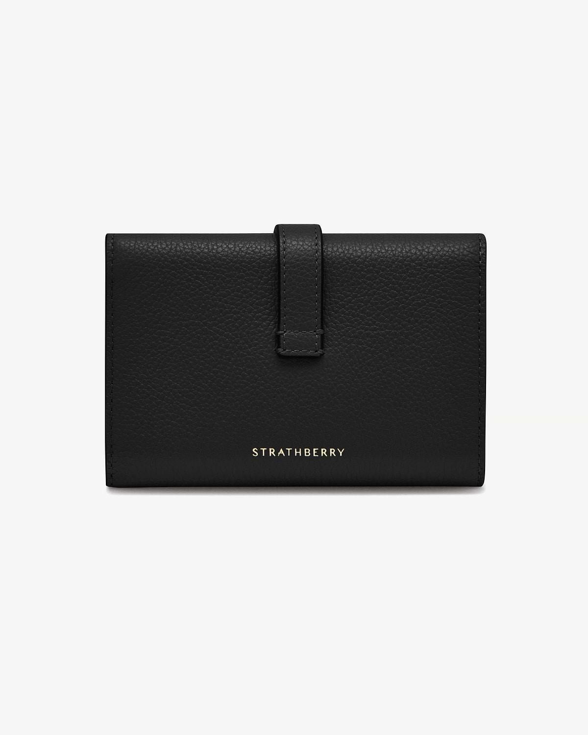 Black Kite medium trifold wallet with strap fastening and gold Strathberry logo