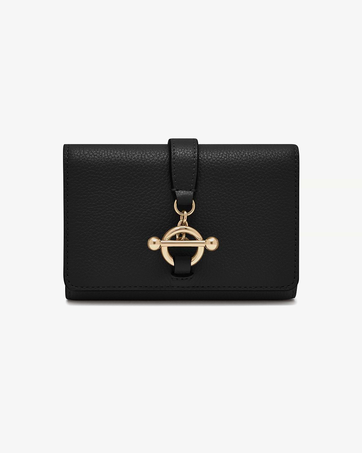 Black trifold wallet in pebbled leather with gold circular toggle clasp.