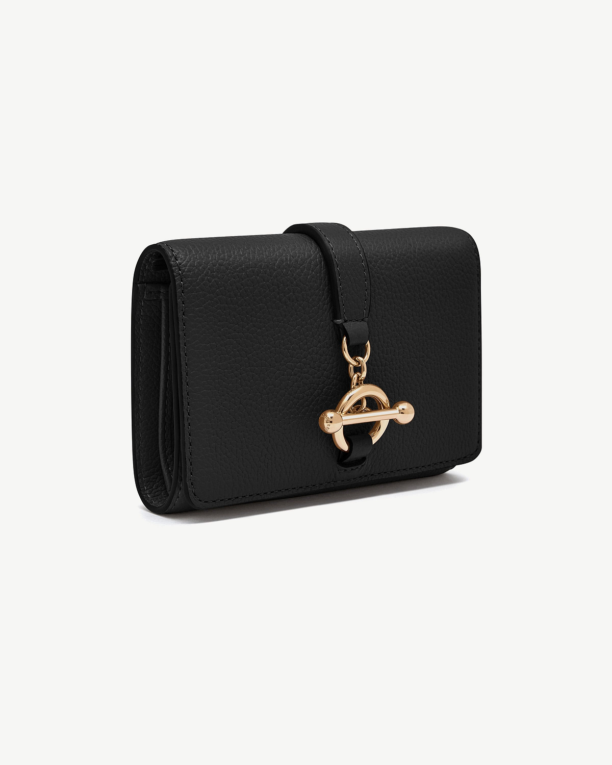 Black trifold pebbled leather wallet with gold circular toggle clasp.