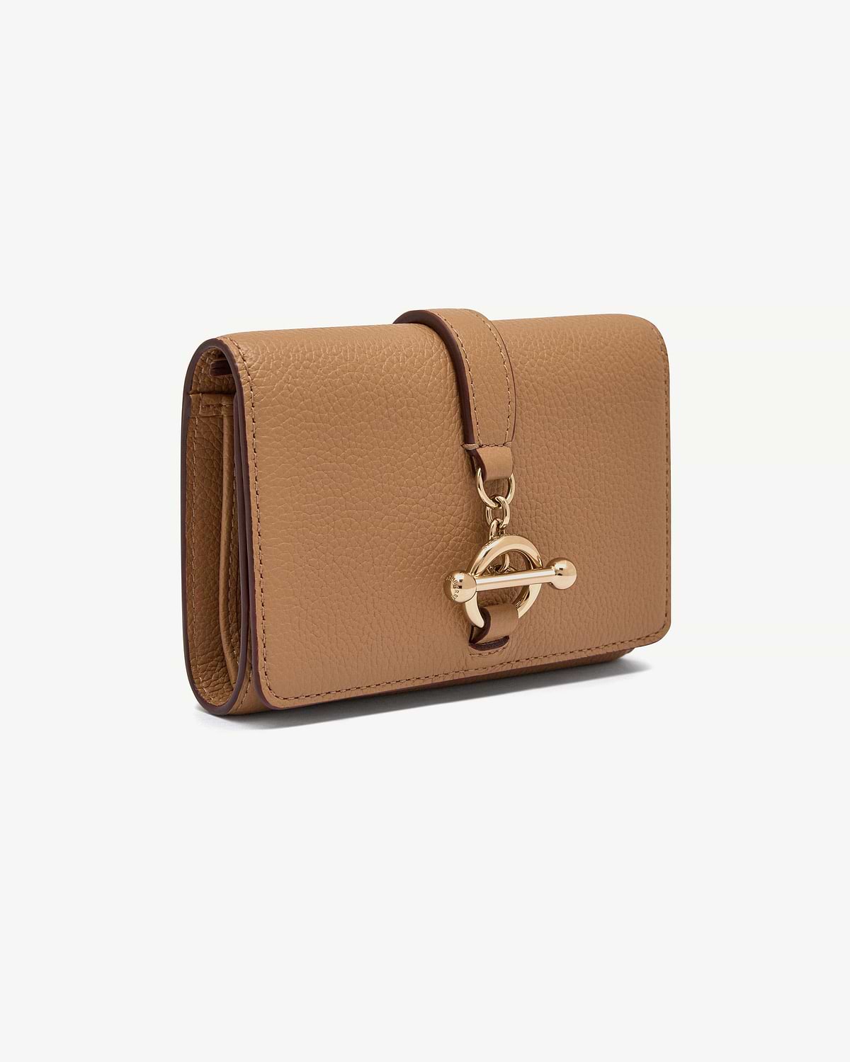 Caramel trifold wallet in pebbled leather with gold circular turn-lock fastener.