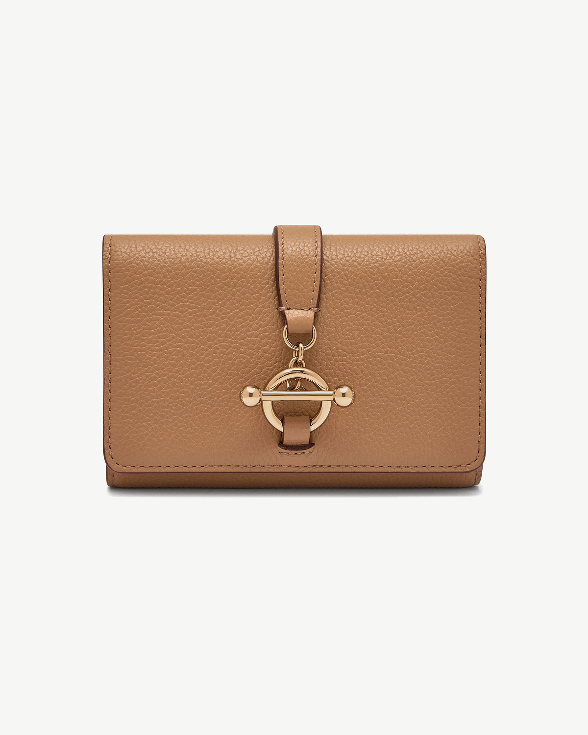 Caramel leather medium trifold wallet with gold ring and bar toggle closure