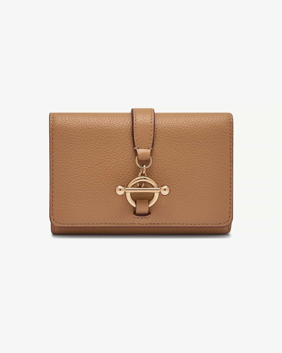 Caramel leather medium trifold wallet with gold ring and bar toggle closure