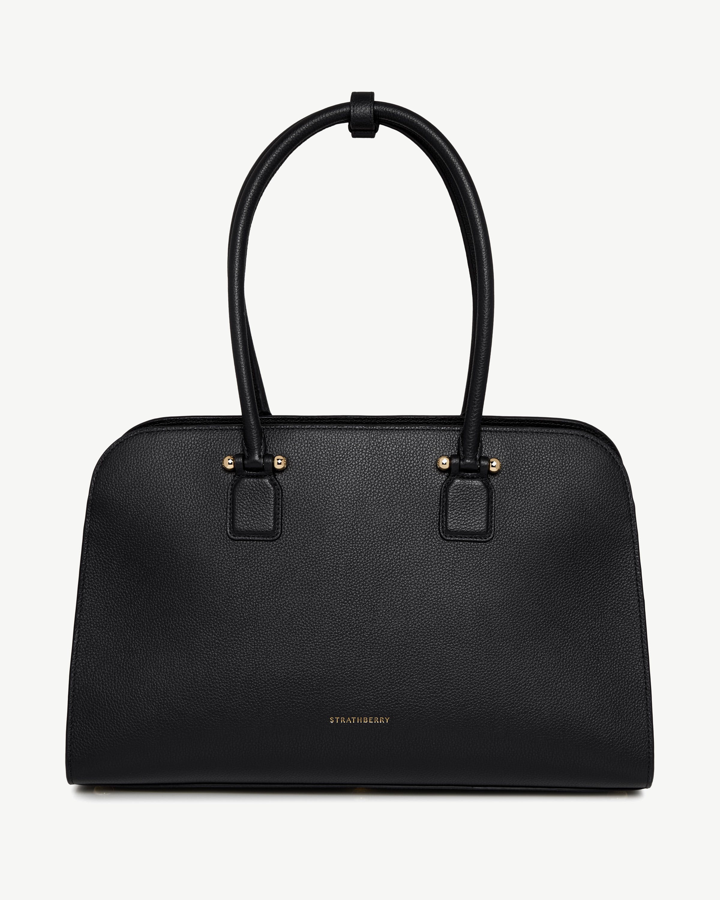 Black Strathberry Georgia Maxi pebbled leather tote with two rounded top handles.
