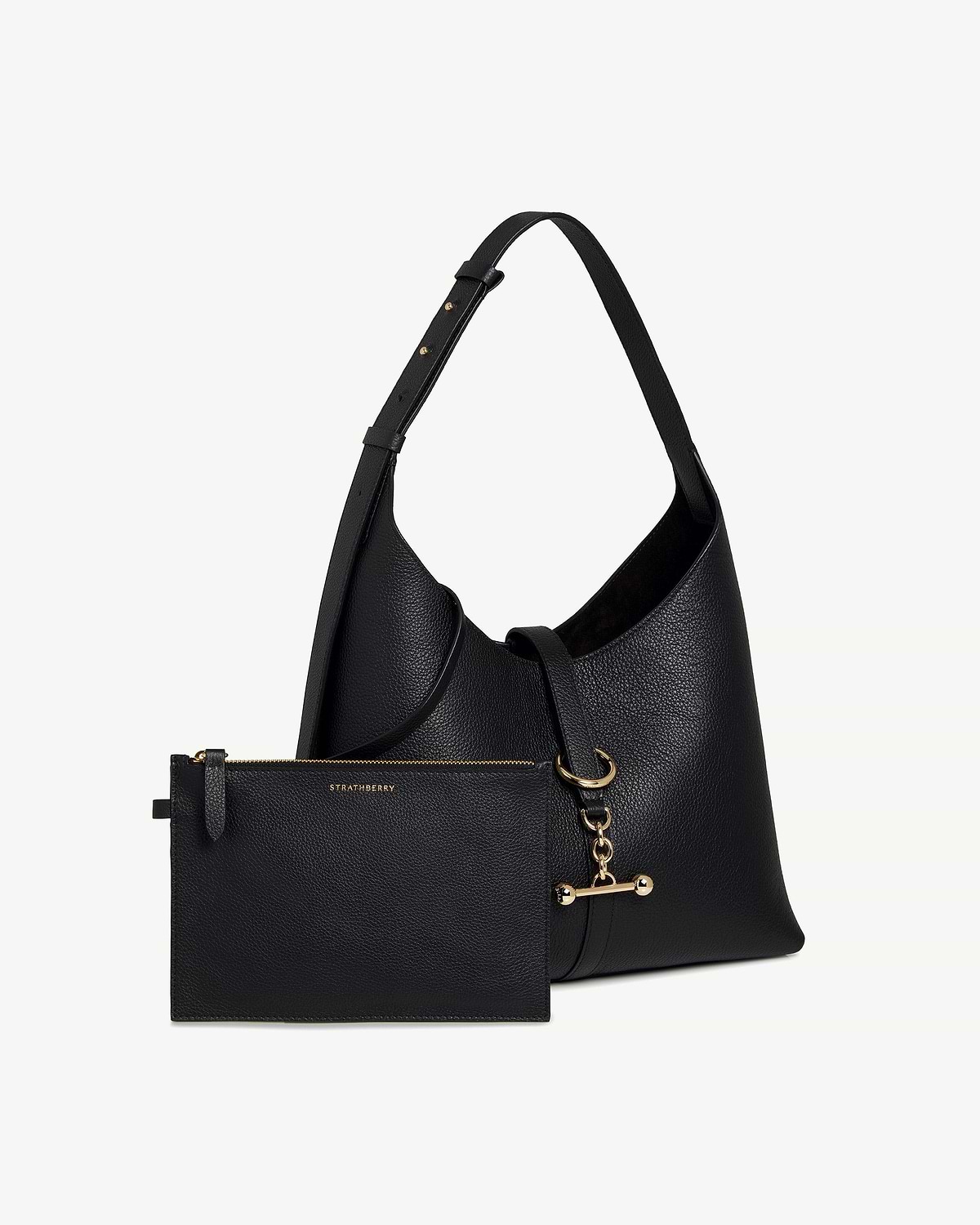 Black Strathberry Kite Hobo bag with detachable zipped pouch and gold hardware.