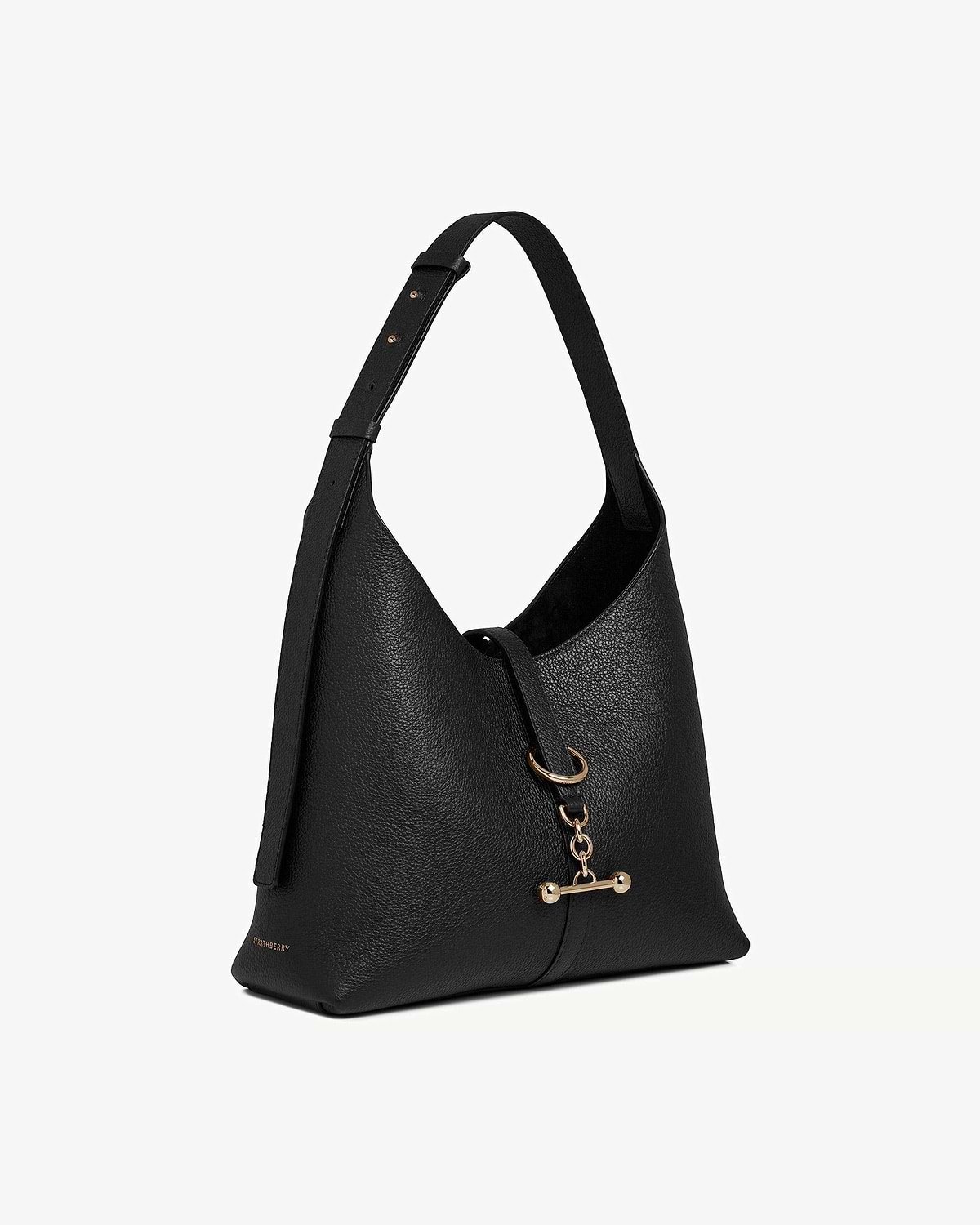 Black pebbled leather Kite Hobo bag by Strathberry with adjustable strap and gold hardware.
