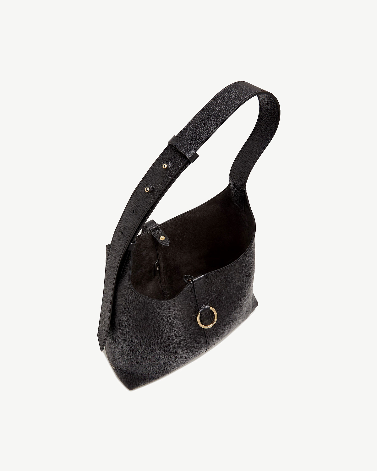 Black leather Kite Hobo bag, top view showing strap and open suede interior.