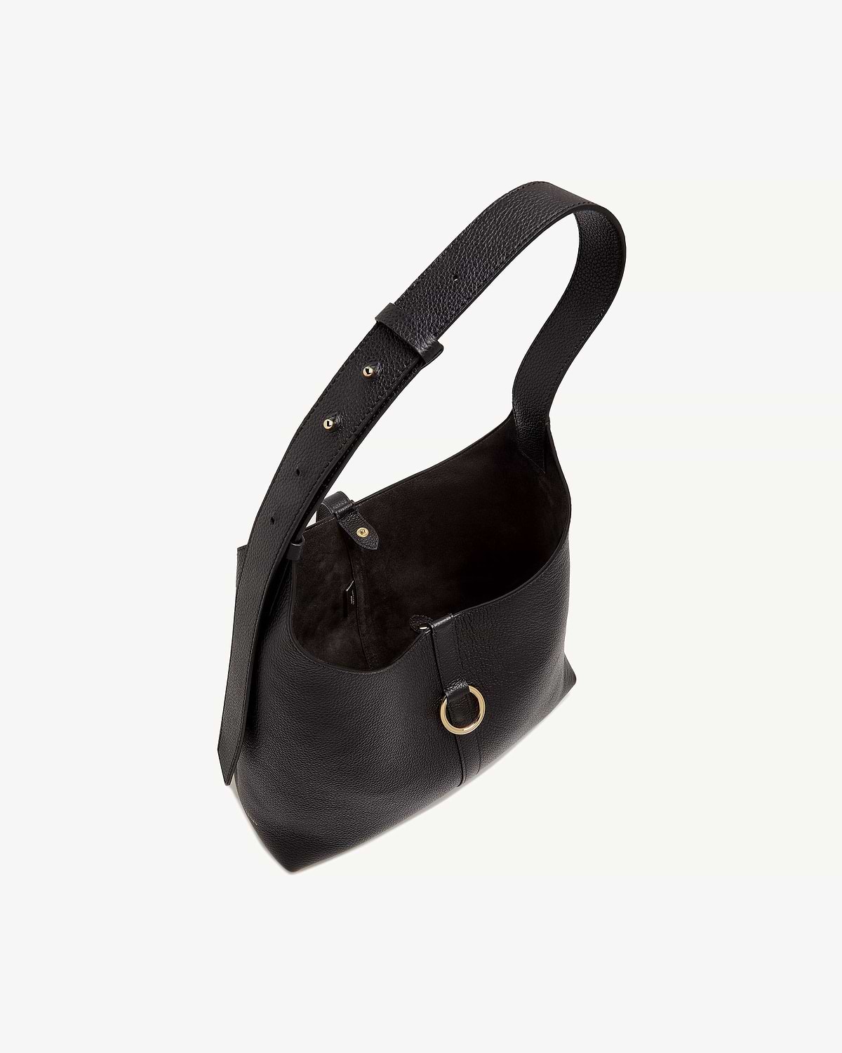 Black leather Kite Hobo bag, top view showing strap and open suede interior.