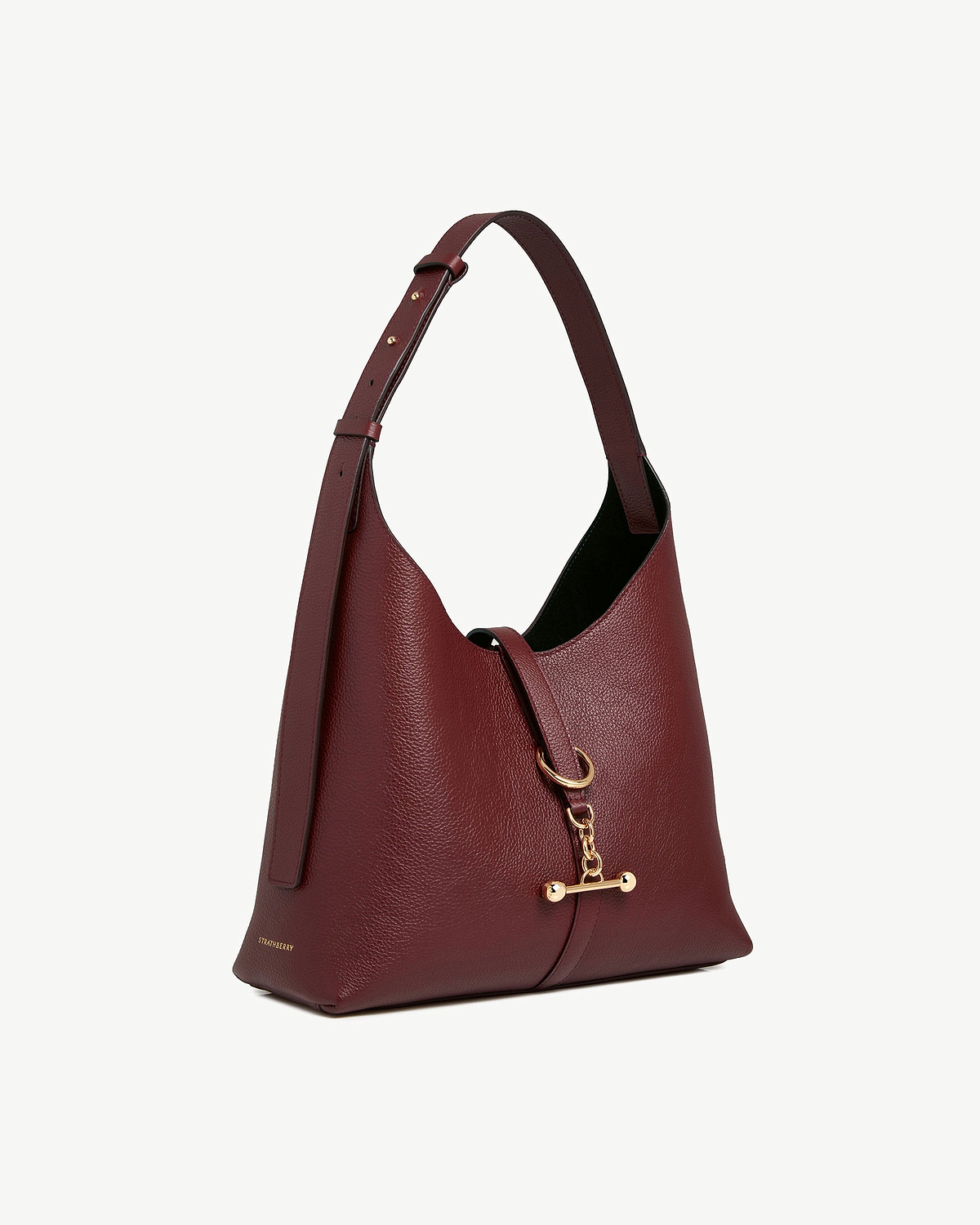 Oxblood leather Kite Hobo bag with gold toggle and Strathberry logo.